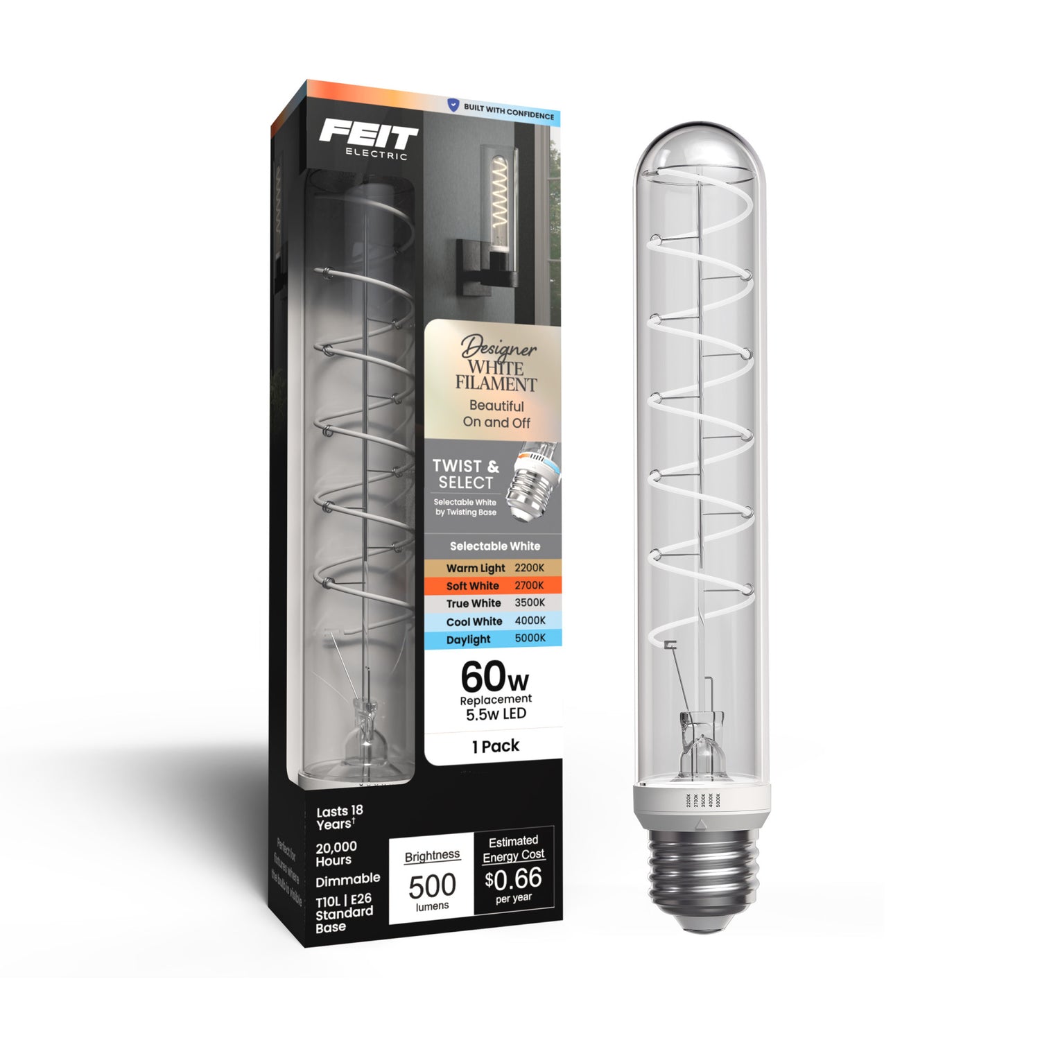 5.5W (60W Replacement) Twist & Select T10 E26 Dimmable Designer Spiral White Filament LED Bulb