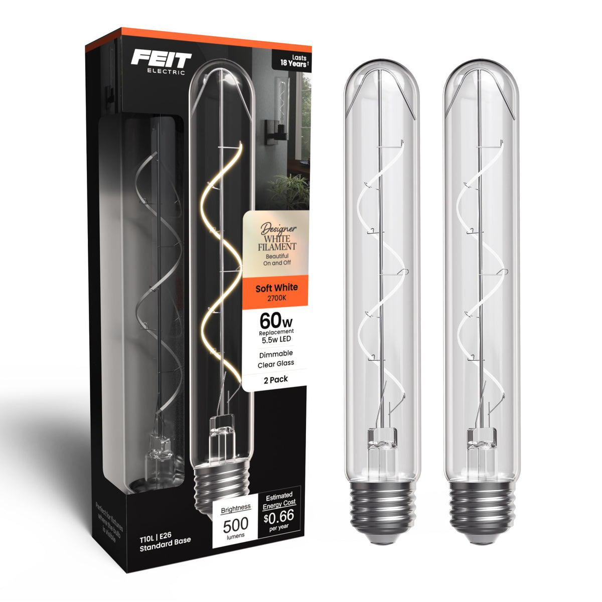 5.5W (60W Replacement) T10 E26 Dimmable Designer Spiral White Filament LED Bulb, Soft White (2-Pack)