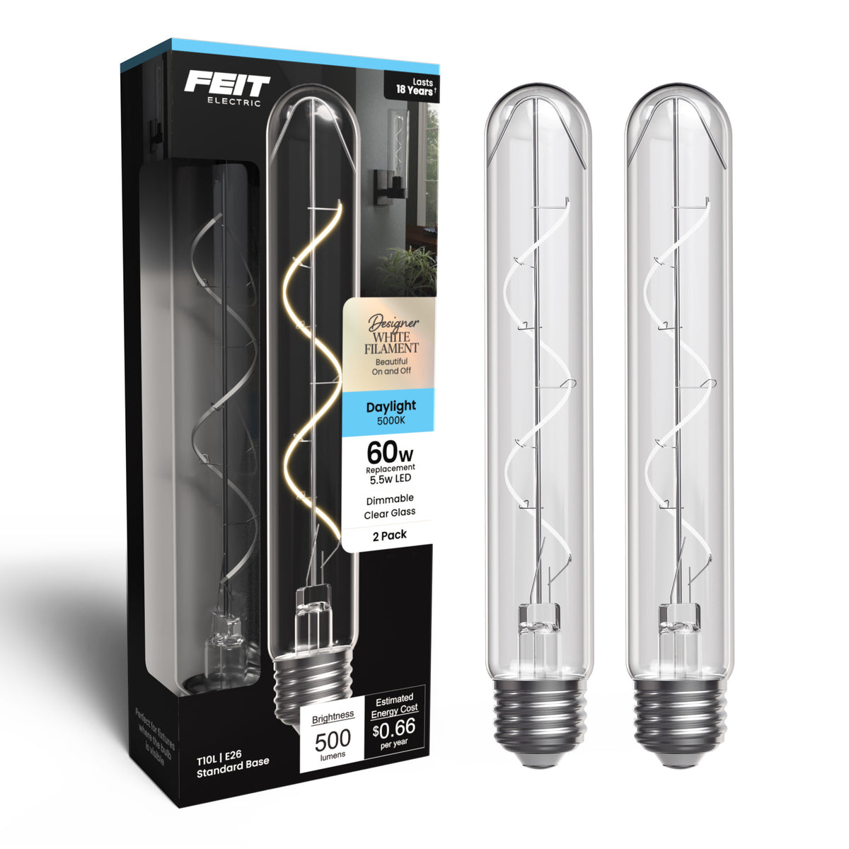 5.5W (60W Replacement) T10 E26 Dimmable Designer Spiral White Filament LED Bulb, Daylight (2-Pack)