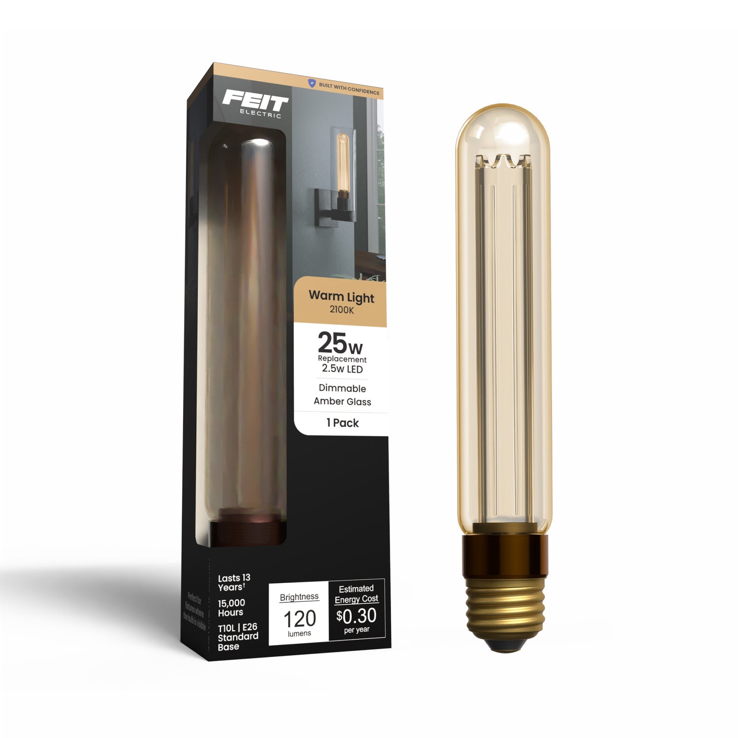 2.5W T10 E26 Dimmable Vintage Acrylic LED Bulb, Warm Light