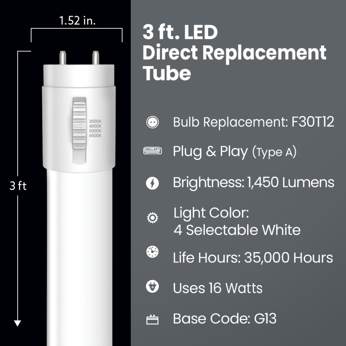 3 ft. 16W (30W Replacement) Adjustable White G13 Base (T12 Replacement) Direct Replacement (Type A) Linear LED Tube