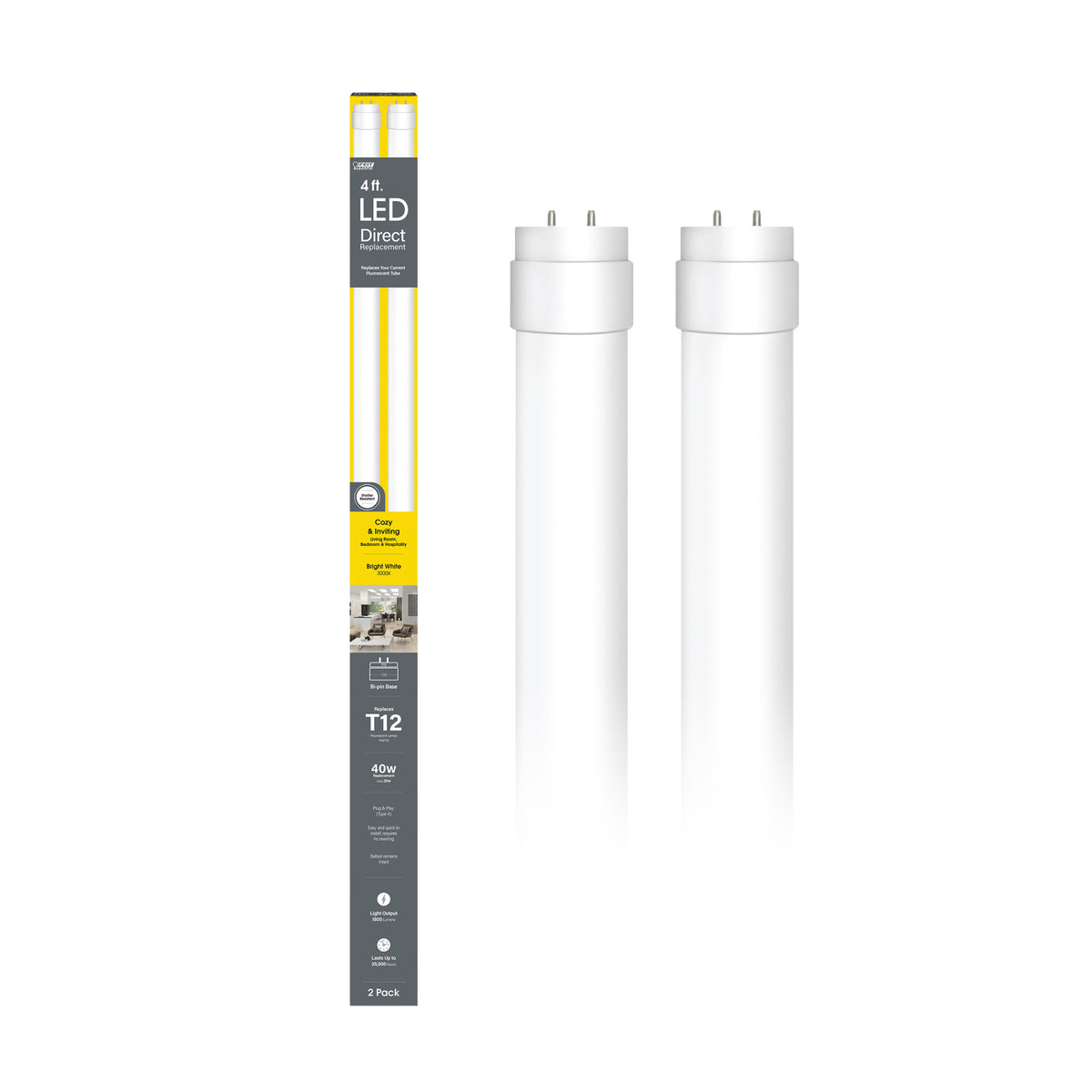 4 ft. 20W (40W Replacement) Bright White (3000K) G13 Base Direct Replacement (Type A) (T12 Replacement) LED Linear Tube (2-Pack)