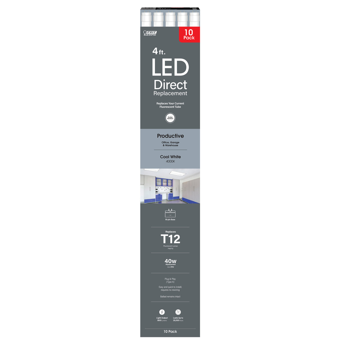 4 ft. 20W (40W Equivalent) Cool White (4000K) G13 Base Direct Replacement (Type A) (T12 Replacement) LED Linear Tube (10-Pack)