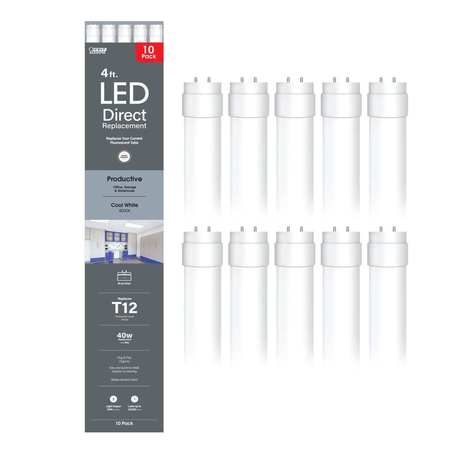 4 ft. 20W (40W Equivalent) Cool White (4000K) G13 Base Direct Replacement (Type A) (T12 Replacement) LED Linear Tube (10-Pack)