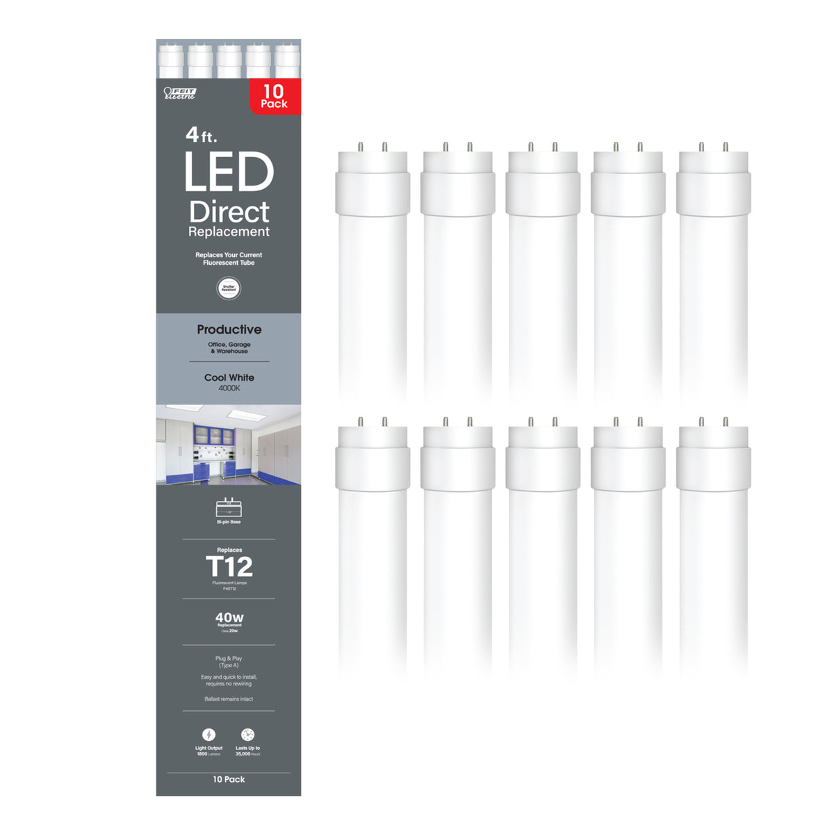 4 ft. 20W (40W Equivalent) Cool White (4000K) G13 Base Direct Replacement (Type A) (T12 Replacement) LED Linear Tube (10-Pack)