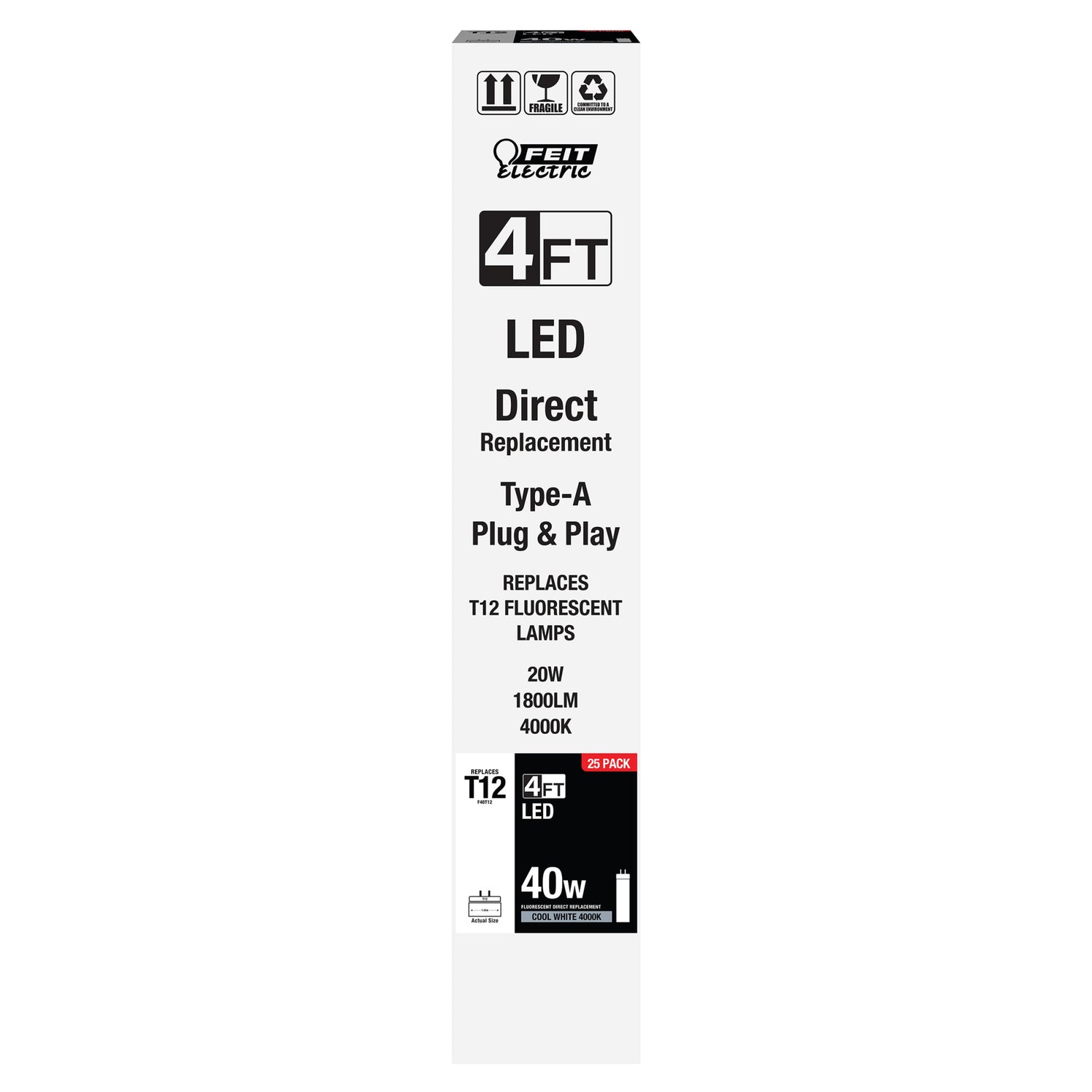 4 ft. 20W (40W Equivalent) Cool White (4000K) G13 Base (T12 Replacement) Direct Replacement (Type A LED) Linear Tube (25-Pack)
