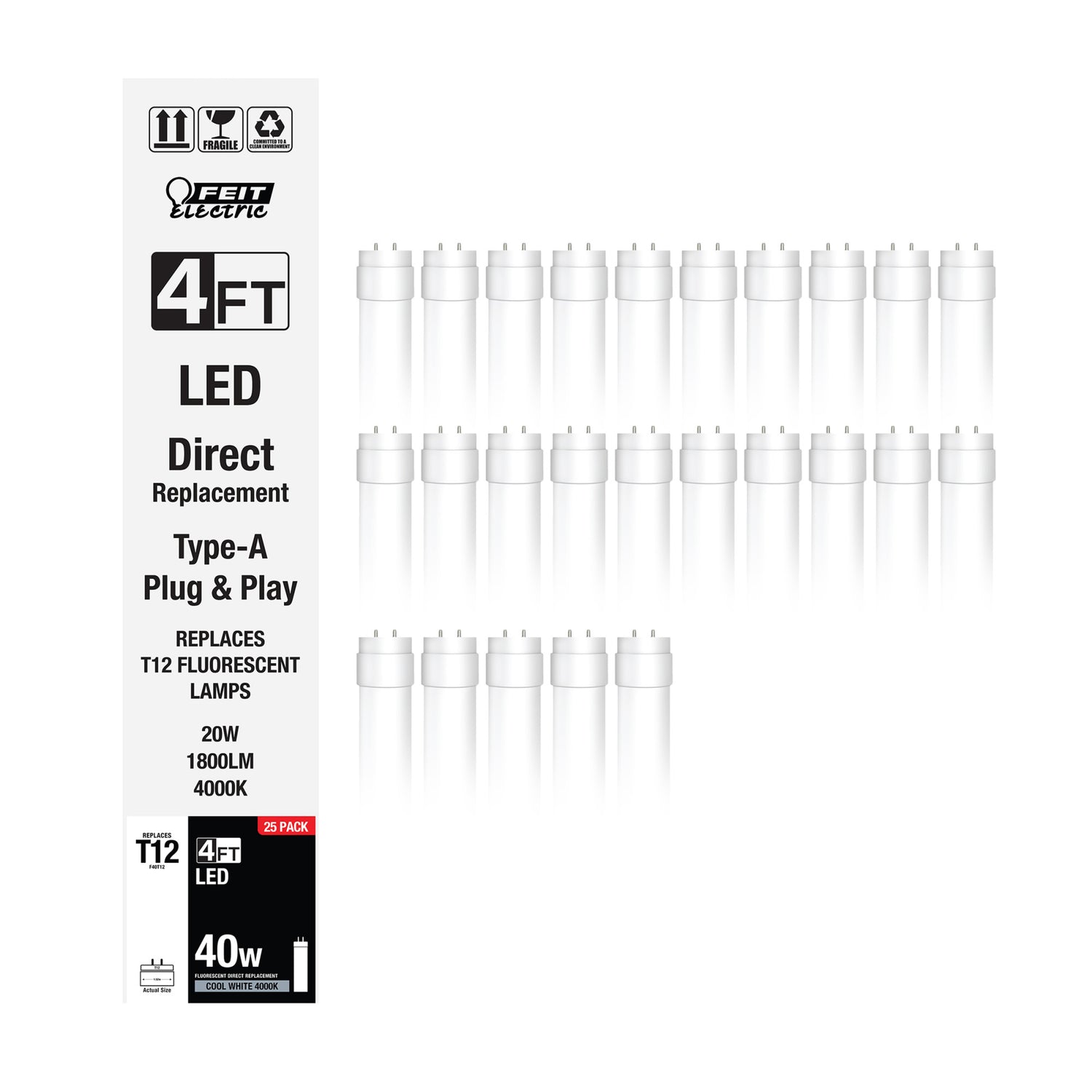 4 ft. 20W (40W Equivalent) Cool White (4000K) G13 Base (T12 Replacement) Direct Replacement (Type A LED) Linear Tube (25-Pack)