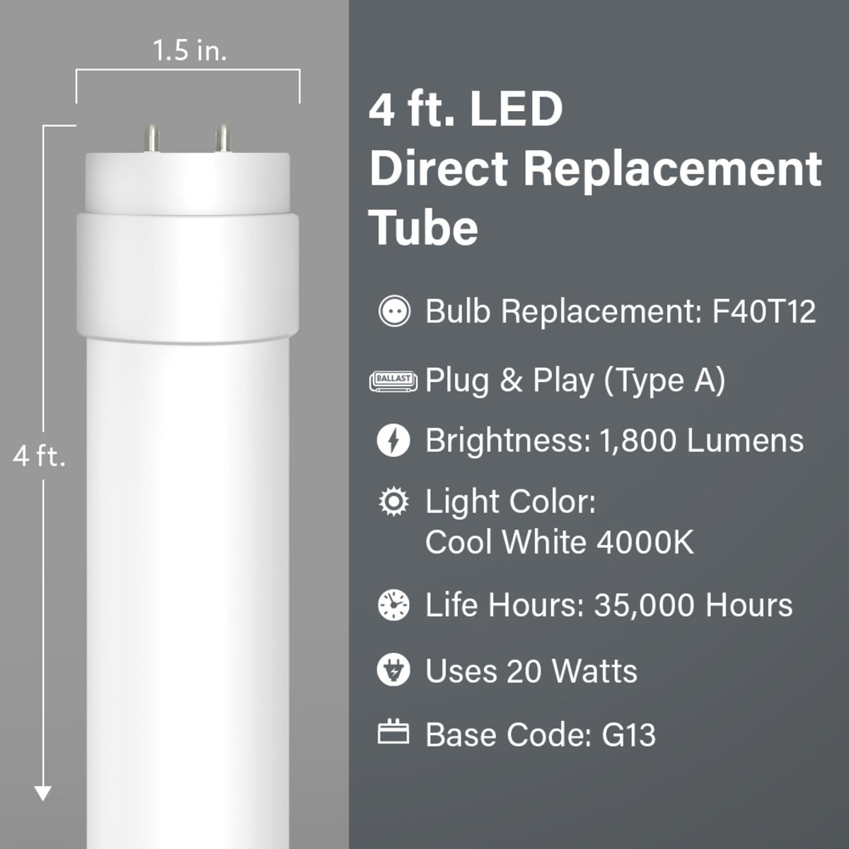 4 ft. 20W (40W Equivalent) Cool White (4000K) G13 Base (T12 Replacement) Direct Replacement (Type A LED) Linear Tube (25-Pack)