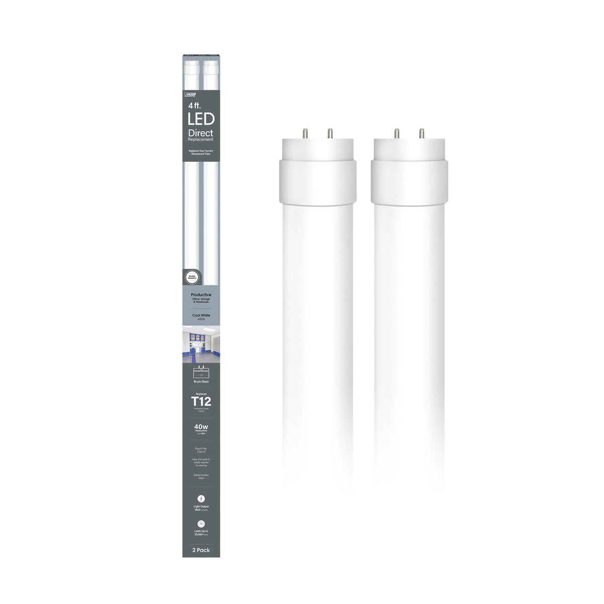 4 ft. 20W (40W Replacement) Cool White (4000K) G13 Base Direct Replacement (Type A) (T12 Replacement) LED Linear Tube (2-Pack)