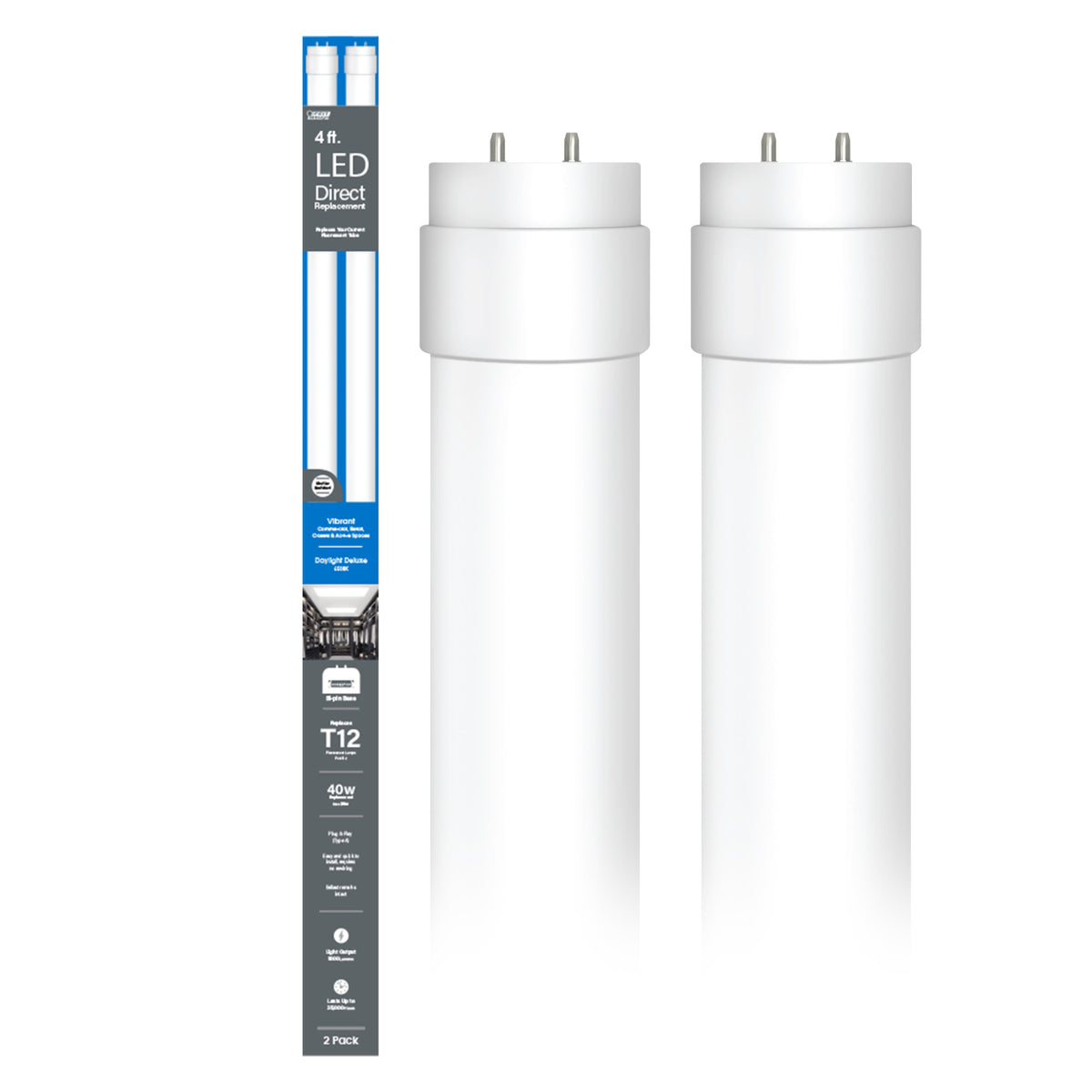 4 ft. 20W (40W Replacement) Daylight Deluxe (6500K) G13 Base Direct Replacement (Type A) (T12 Replacement) LED Linear Tube (2-Pack)