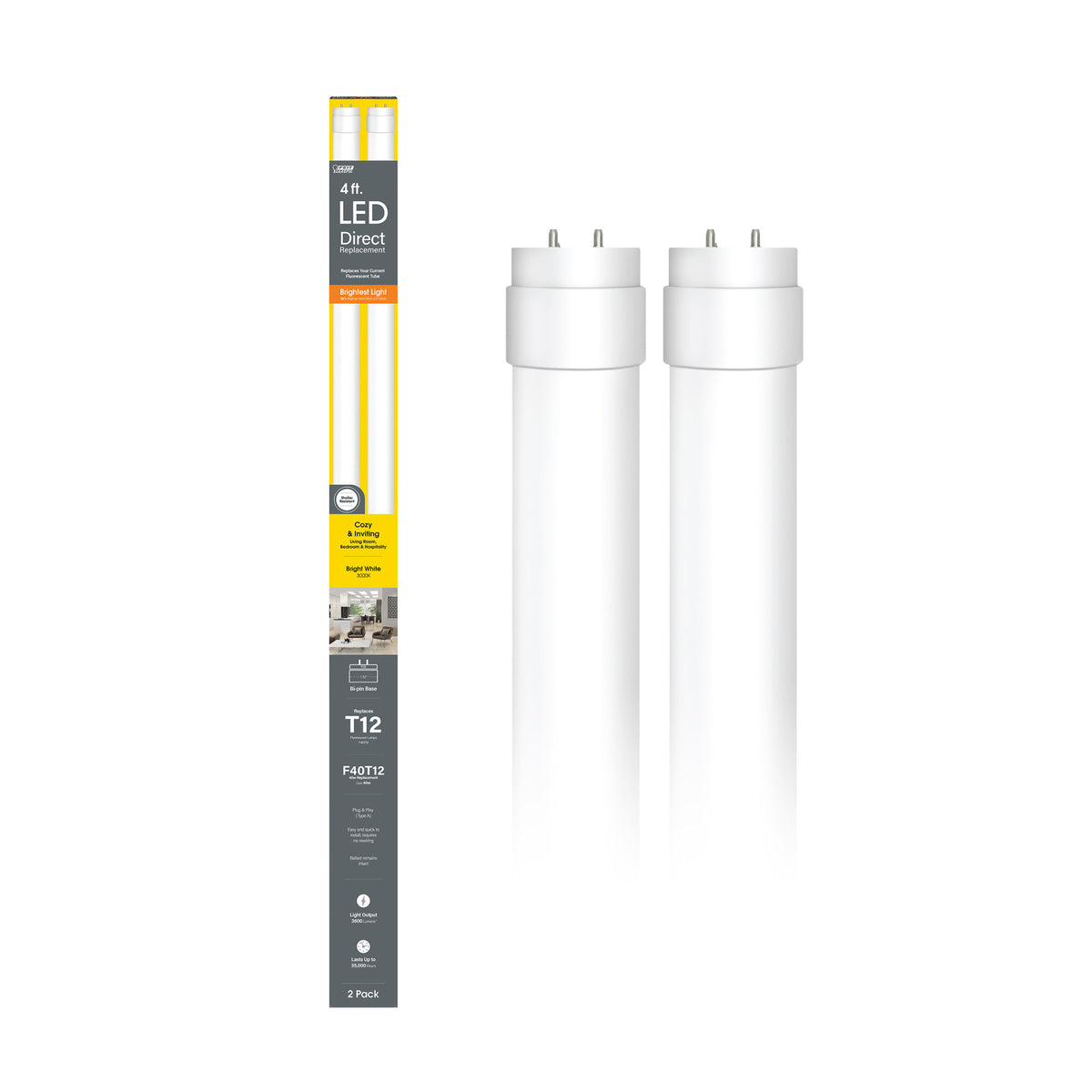4 ft. 40W Bright White (3000K) G13 Base Direct Replacement (Type A) (T12 Replacement) High Output LED Linear Tube (2-Pack)