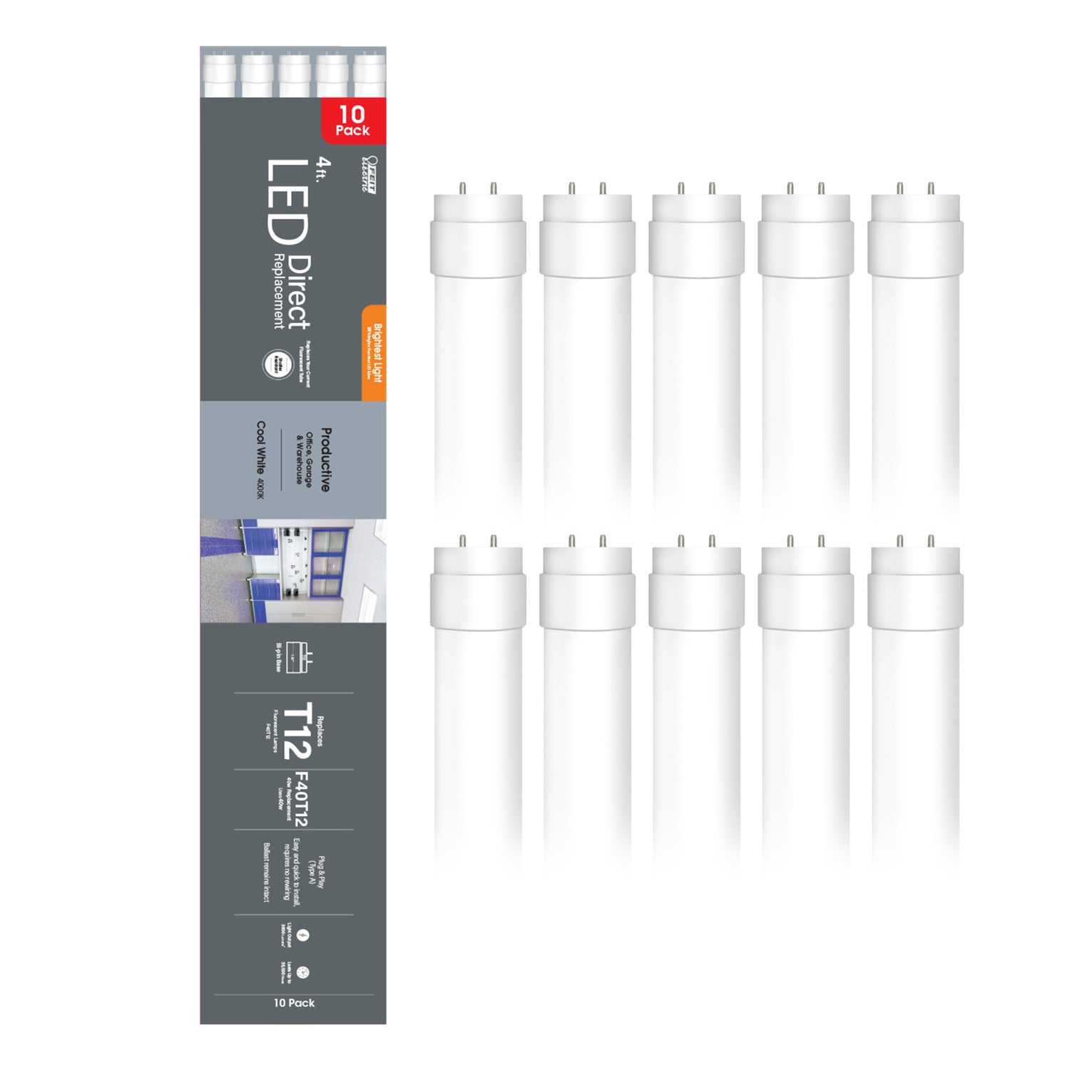 4 ft. 40W Replacement Bright White (4000K) G13 Base Direct Replacement (Type A) (T12 Replacement) High Output LED Linear Tube (10-Pack)