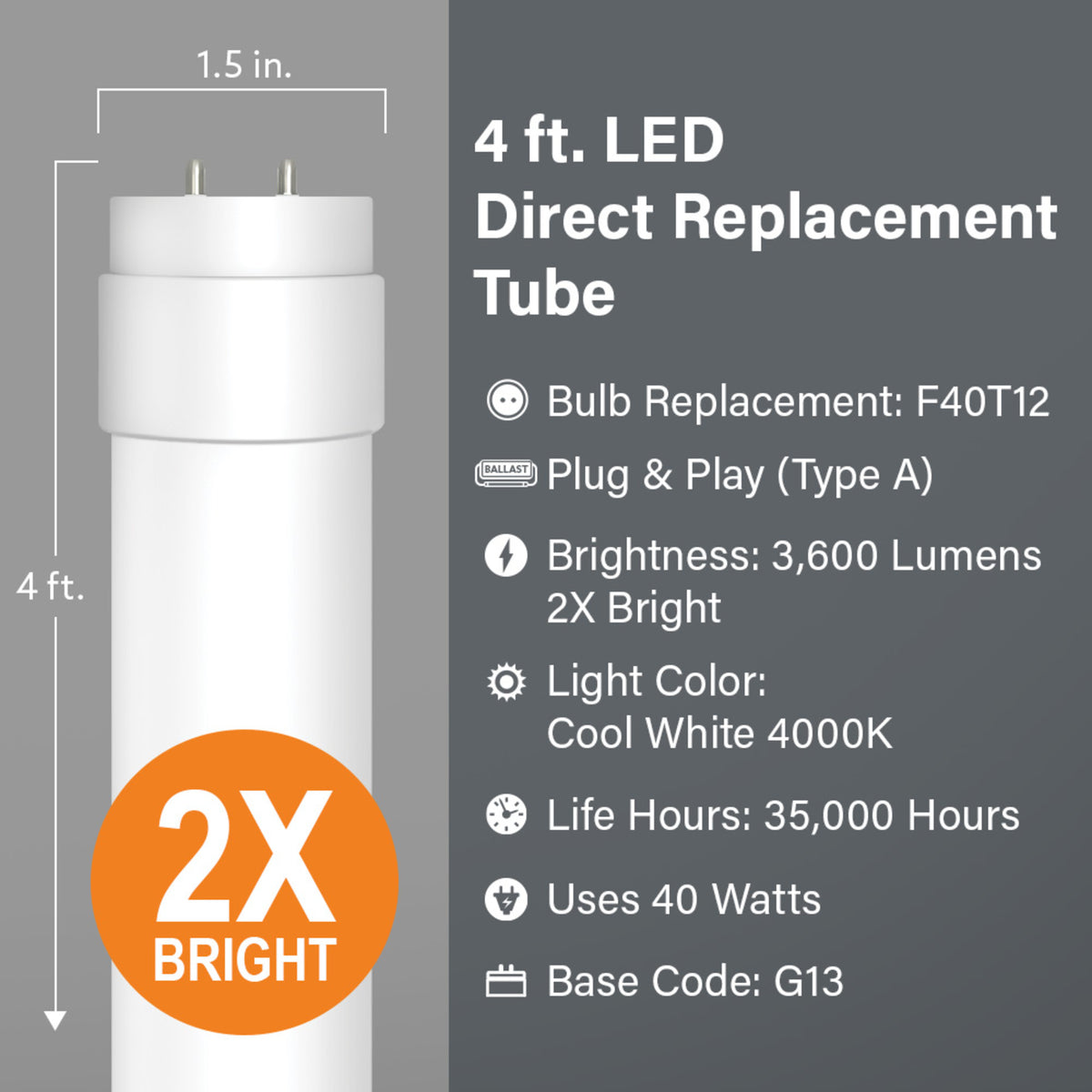 4 ft. 40W Replacement Bright White (4000K) G13 Base Direct Replacement (Type A) (T12 Replacement) High Output LED Linear Tube (10-Pack)