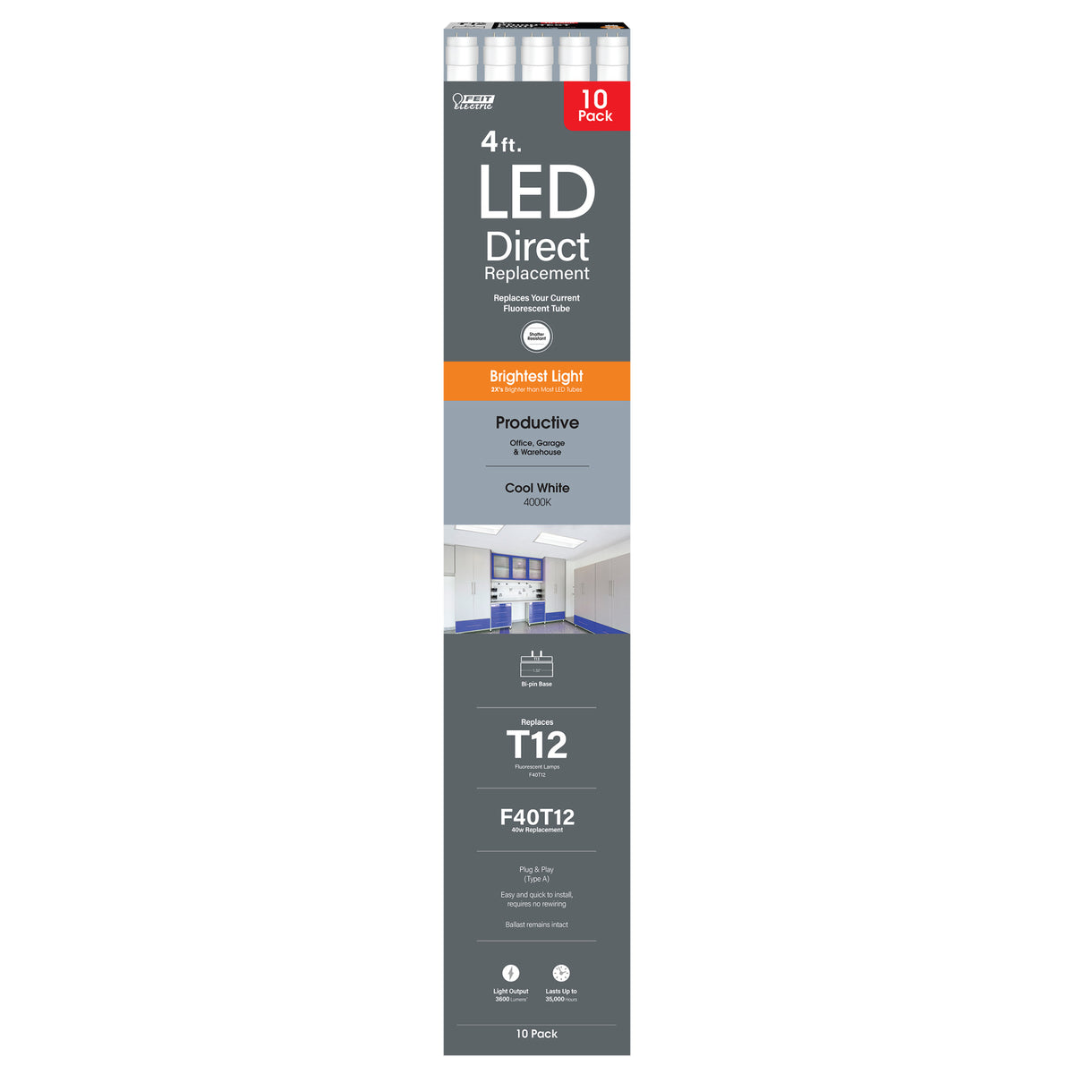 4 ft. 40W Replacement Bright White (4000K) G13 Base Direct Replacement (Type A) (T12 Replacement) High Output LED Linear Tube (10-Pack)