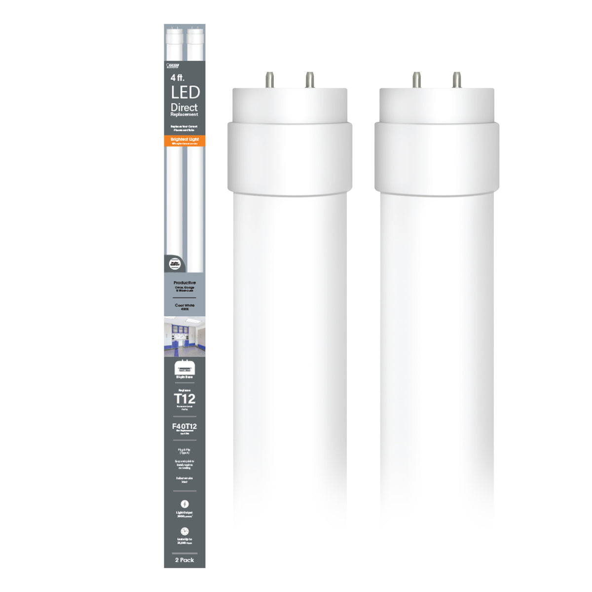 4 ft. 40W Bright White (4000K) G13 Base Direct Replacement (Type A) (T12 Replacement) High Output LED Linear Tube (2-Pack)
