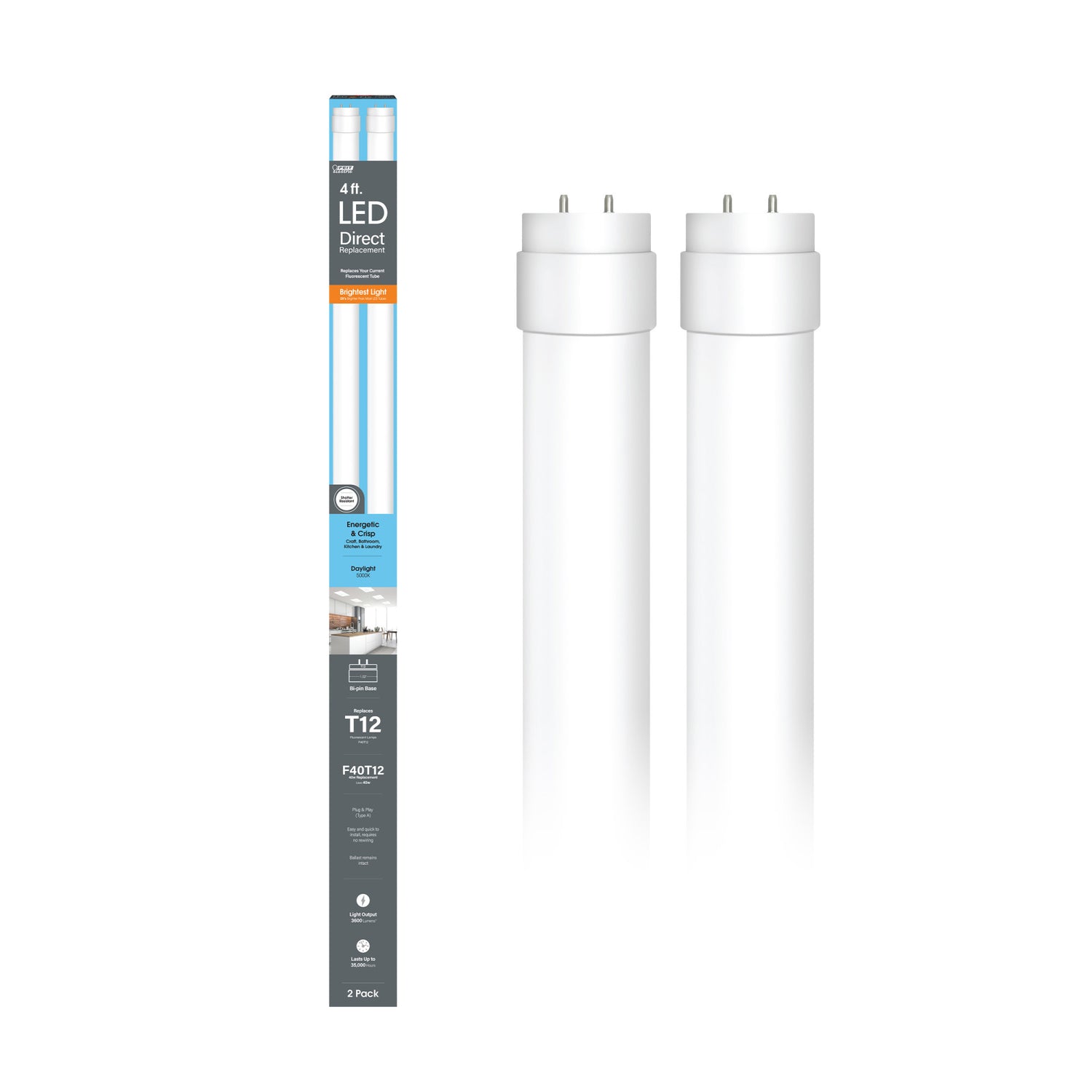 4 ft. 40W Daylight (5000K) G13 Base Direct Replacement (Type A) (T12 Replacement) High Output LED Linear Tube (2-Pack)