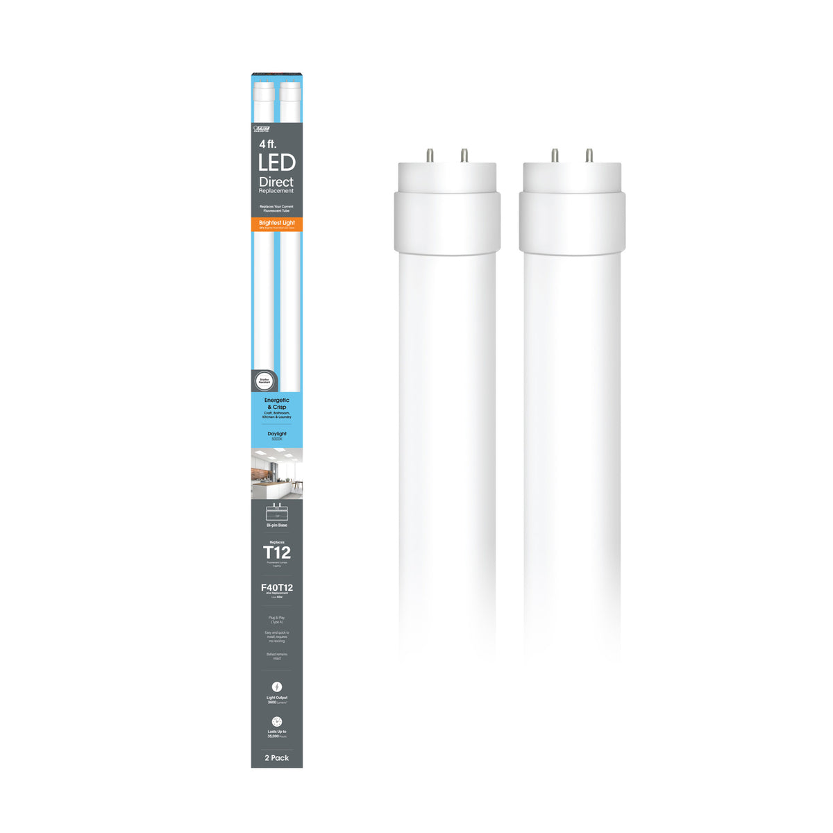 4 ft. 40W Daylight (5000K) G13 Base Direct Replacement (Type A) (T12 Replacement) High Output LED Linear Tube (2-Pack)