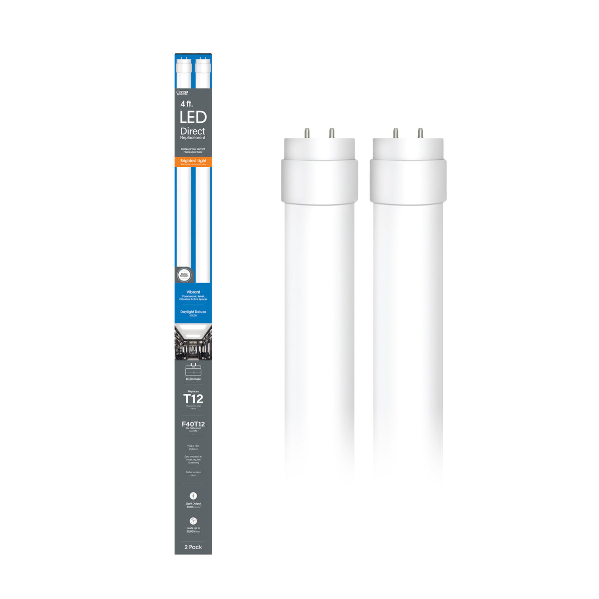 4 ft. 40W Daylight Deluxe (6500K) G13 Base Direct Replacement (Type A) (T12 Replacement) High Output LED Linear Tube (2-Pack)