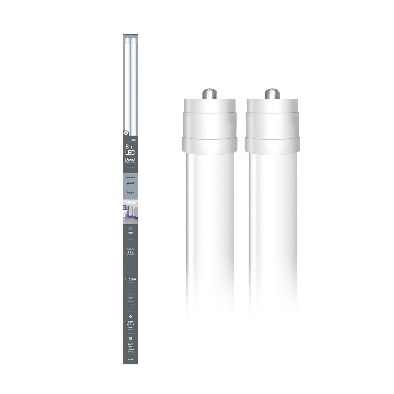 8 ft. 40W (60/75W Equivalent) Cool White (4000K) FA8 Base Direct Replacement (Type A) (T12 Replacement) LED Linear Tube (2-Pack)