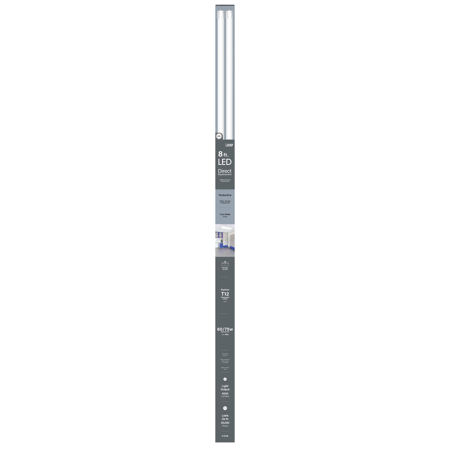8 ft. 40W (60/75W Equivalent) Cool White (4000K) FA8 Base Direct Replacement (Type A) (T12 Replacement) LED Linear Tube (2-Pack)