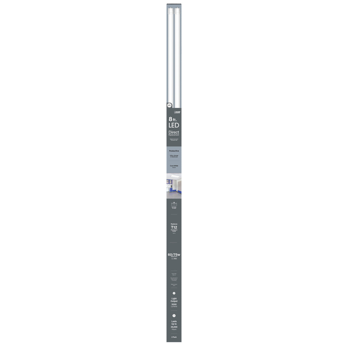 8 ft. 40W (60/75W Equivalent) Cool White (4000K) FA8 Base Direct Replacement (Type A) (T12 Replacement) LED Linear Tube (2-Pack)