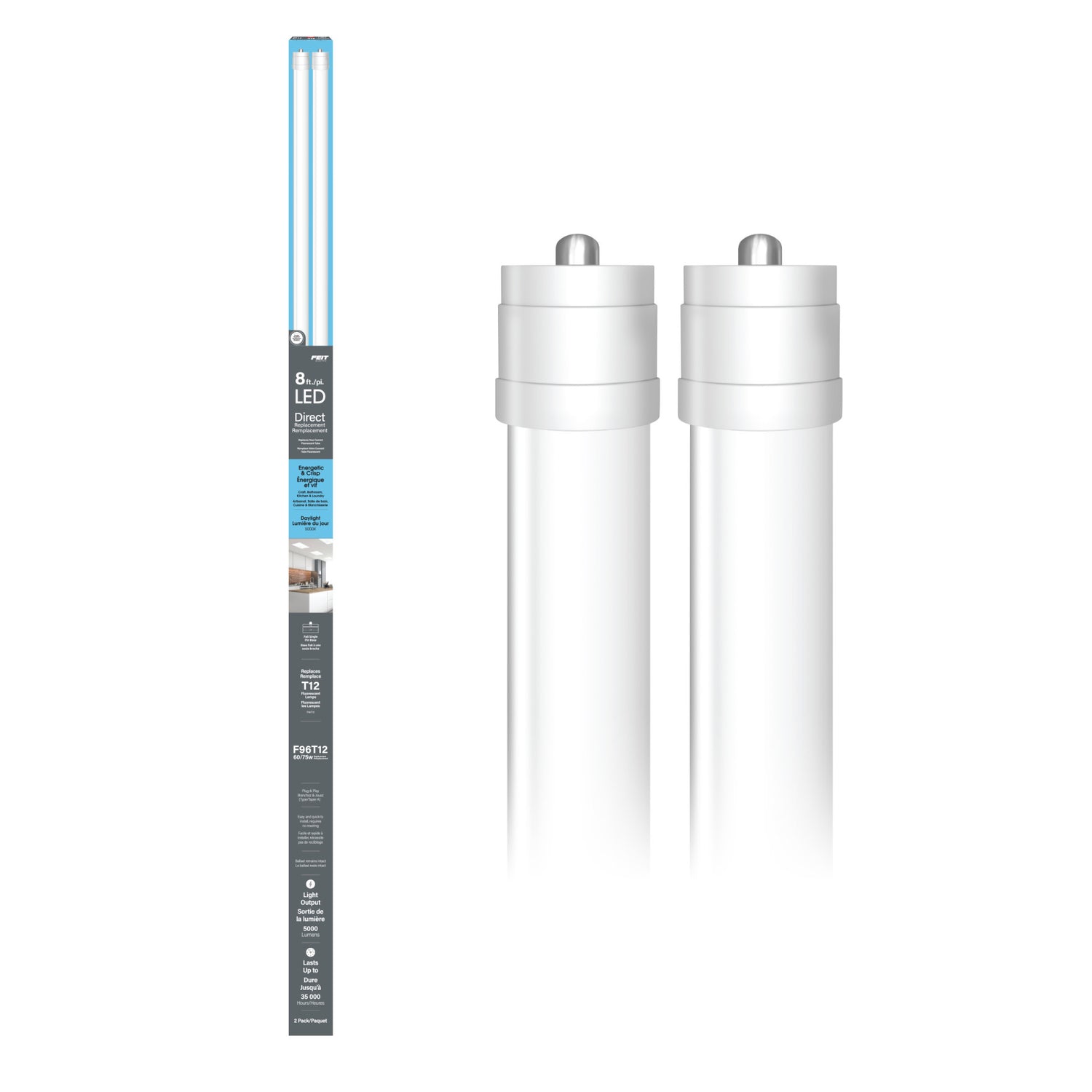 8 ft. 40W (75W Replacement) Daylight (5000K) FA8 Base T12 Direct Replacement (Type A) LED Linear Tube (2-Pack)