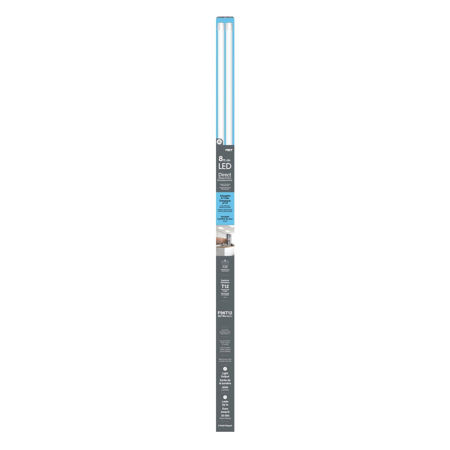 8 ft. 40W (75W Replacement) Daylight (5000K) FA8 Base T12 Direct Replacement (Type A) LED Linear Tube (2-Pack)