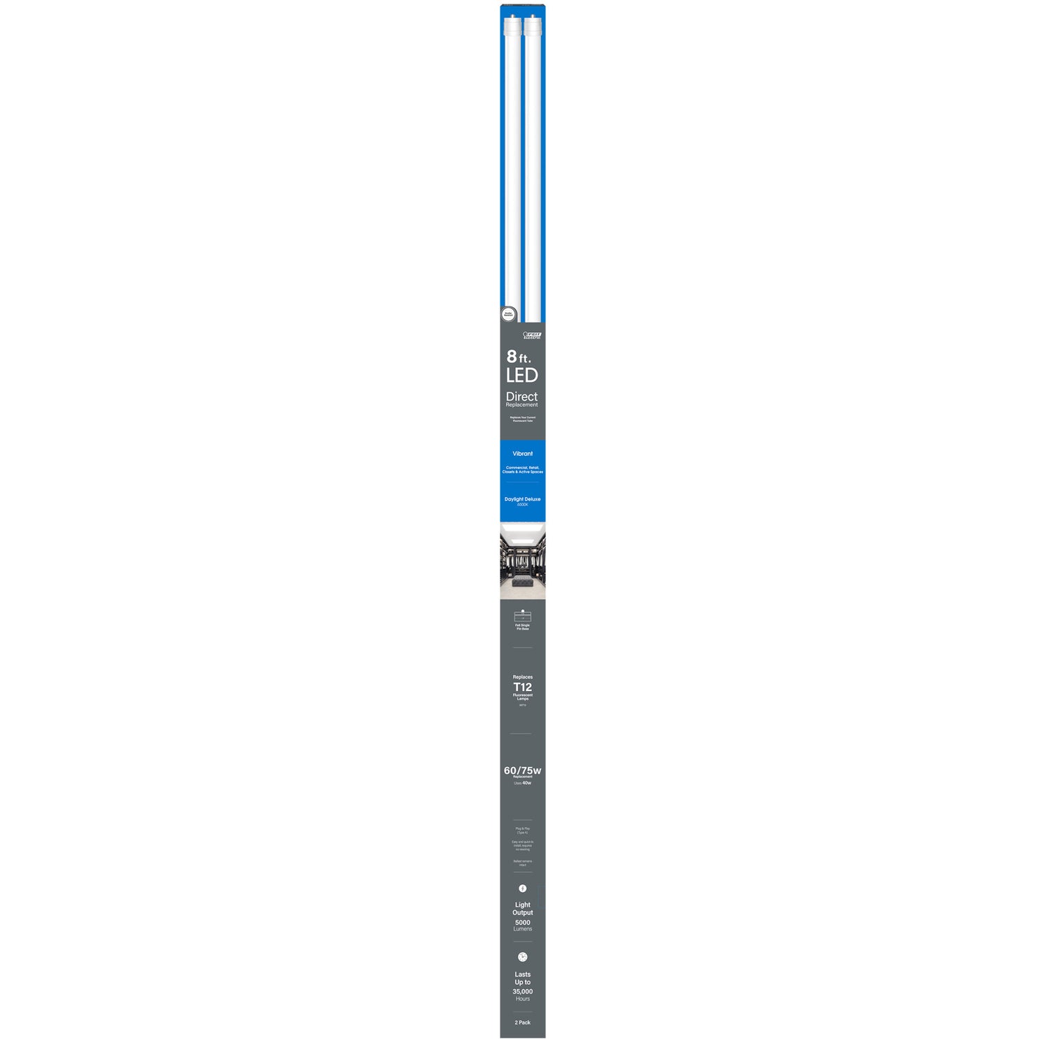 8 ft. 40W (60/75W Replacement) Daylight Deluxe (6500K) FA8 Base Direct Replacement (Type A) (T12 Replacement) LED Linear Tube (2-Pack)