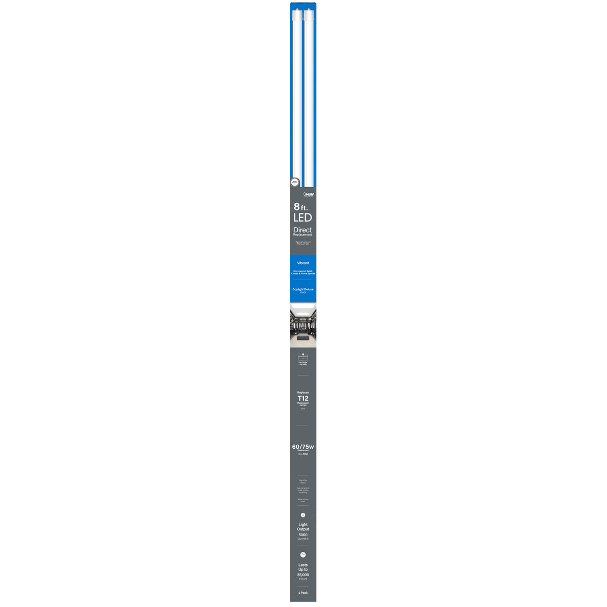 8 ft. 40W (60/75W Replacement) Daylight Deluxe (6500K) FA8 Base Direct Replacement (Type A) (T12 Replacement) LED Linear Tube (2-Pack)