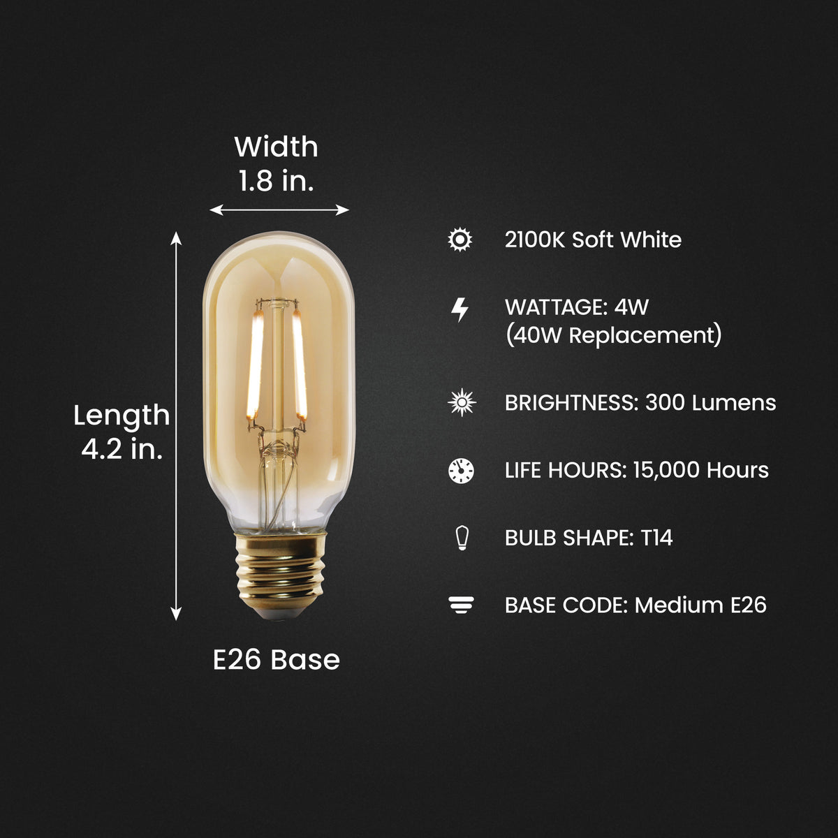4W (40W Replacement) T14 E26 Dimmable Straight Filament Amber Glass Vintage Edison LED Light Bulb, Soft White