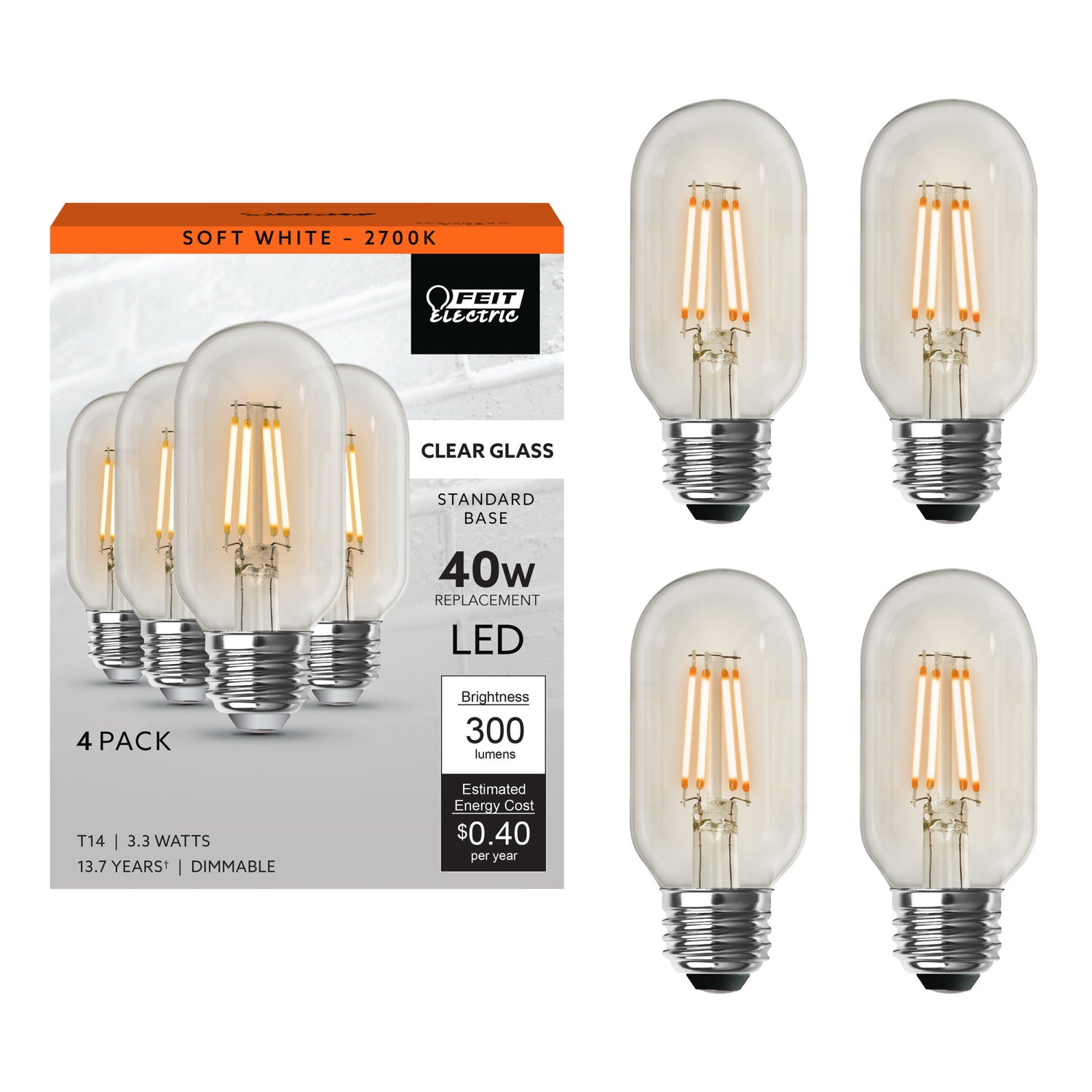 3.3W (40W Replacement) Soft White (2700K) E26 Base T14 Filament LED (4-Pack)