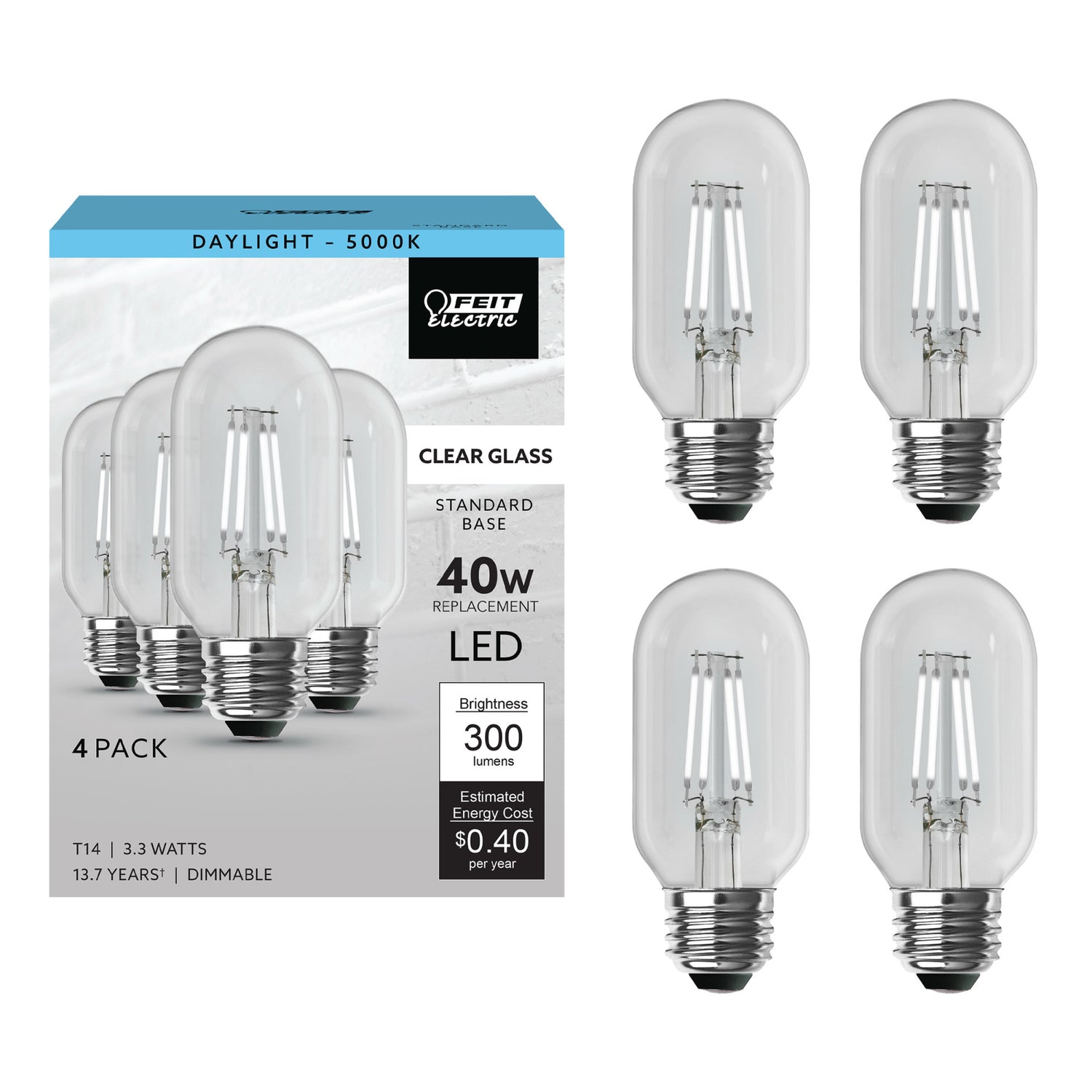 3.3W (40W Replacement) Daylight (5000K) E26 Base T14 Filament LED