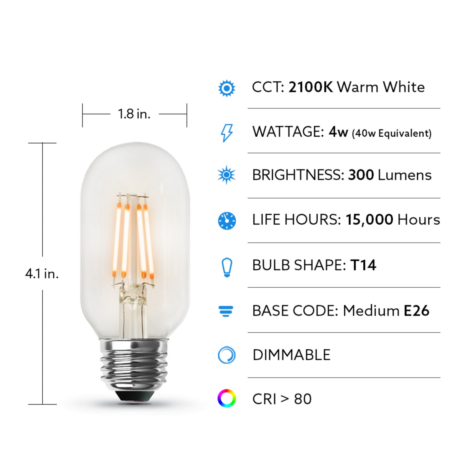 4W (40W Replacement) Warm Light (2100K) E26 Base T14 Filament LED (4-Pack)