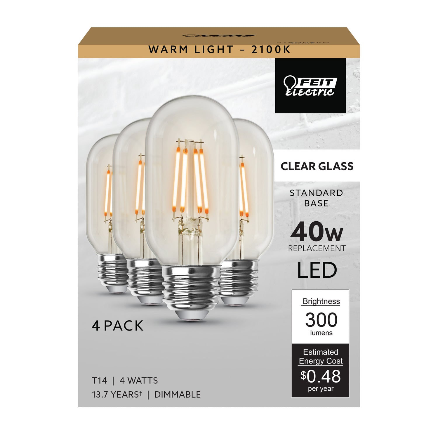 4W (40W Replacement) Warm Light (2100K) E26 Base T14 Filament LED (4-Pack)