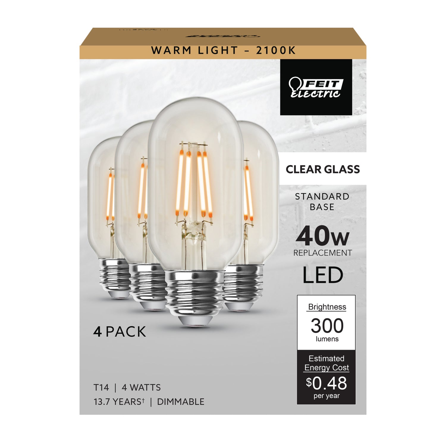 4W (40W Replacement) Warm Light (2100K) E26 Base T14 Filament LED (4-Pack)