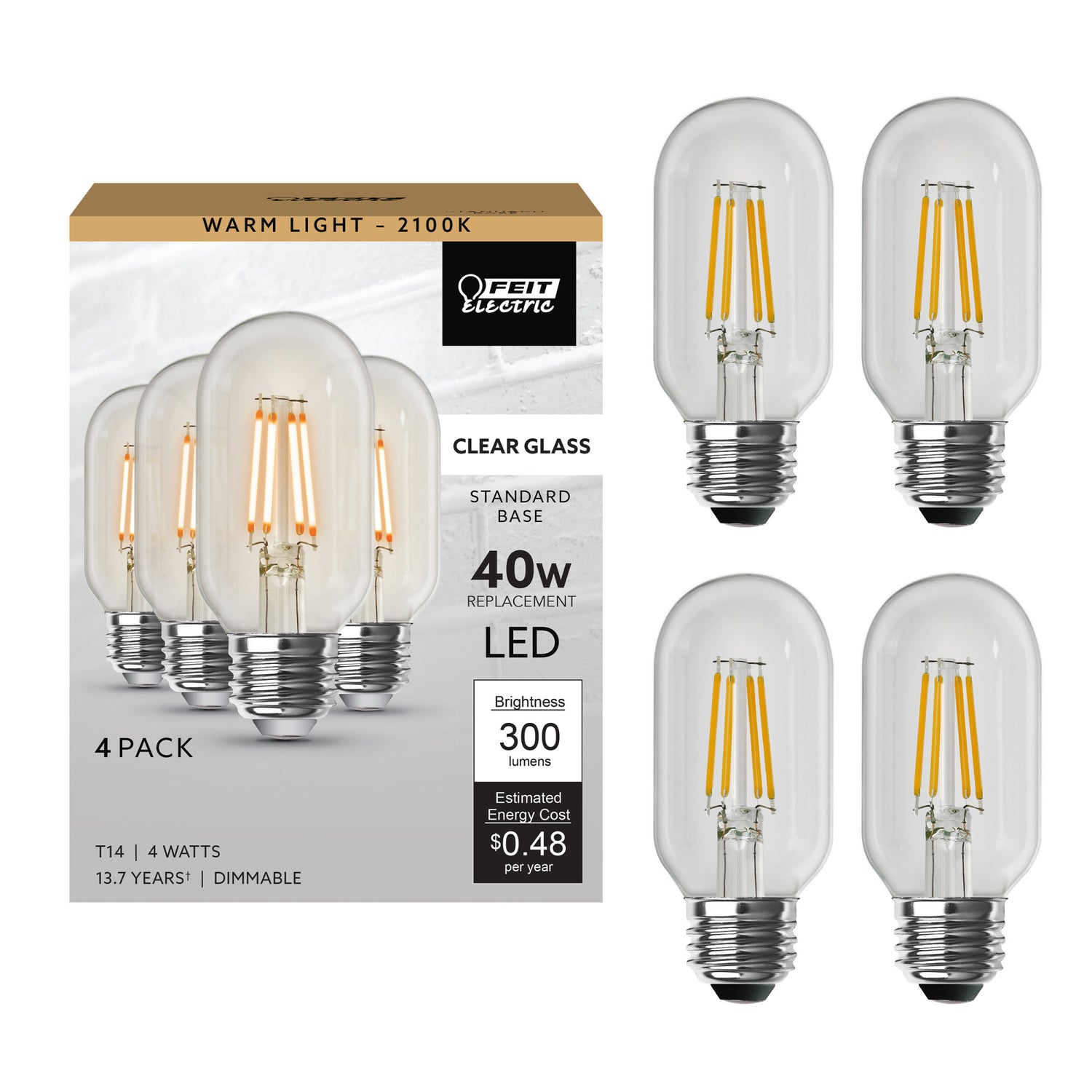 4W (40W Replacement) Warm Light (2100K) E26 Base T14 Filament LED (4-Pack)