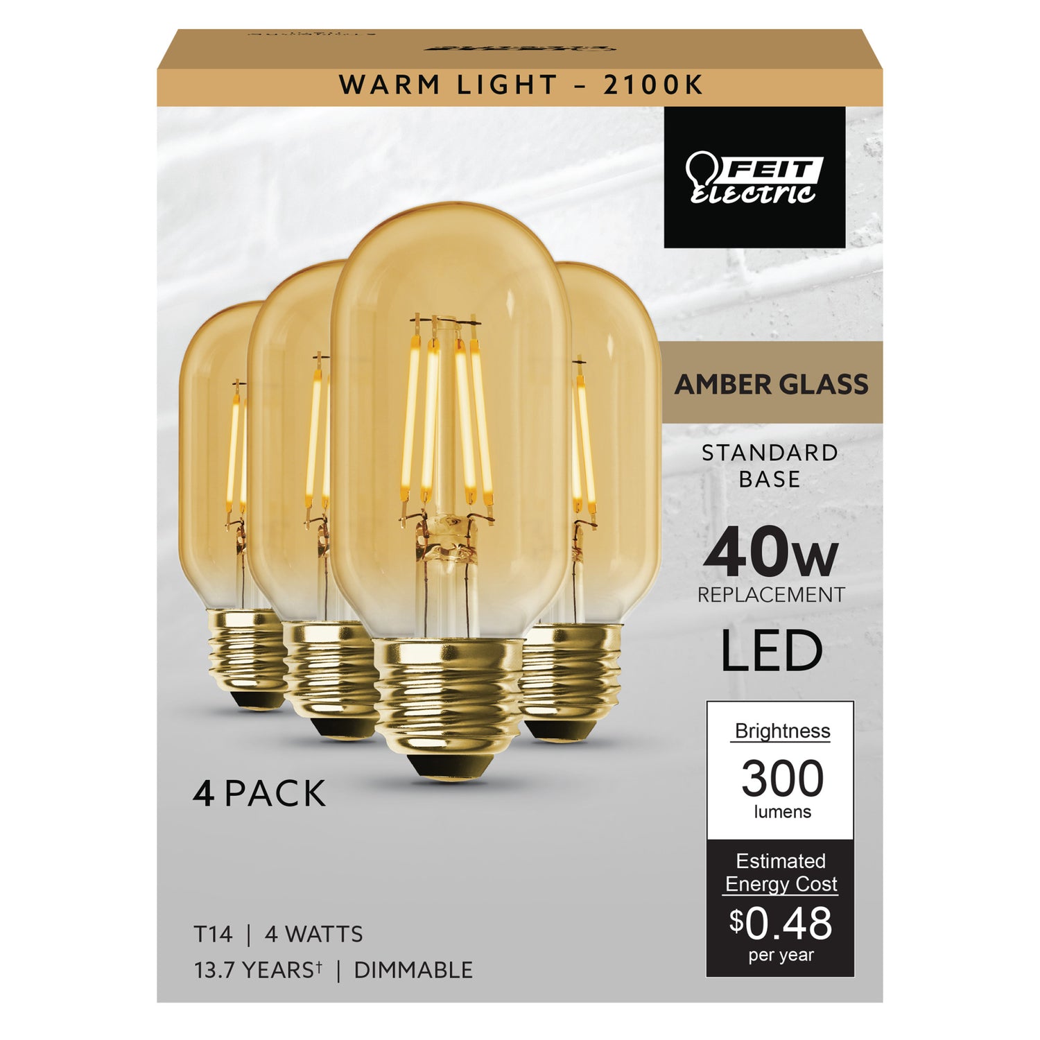 4W (40W Replacement) Warm Light (2100K) E26 Base T14 Amber Glass Filament LED (4-Pack)