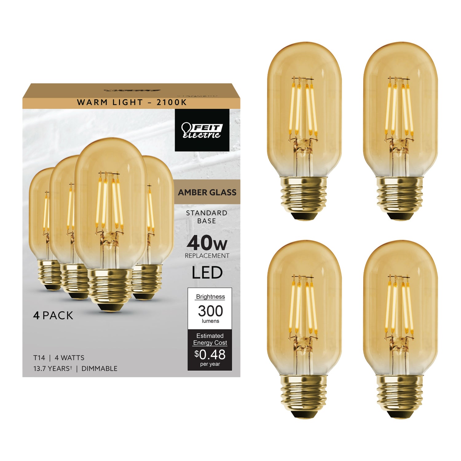 4W (40W Replacement) Warm Light (2100K) E26 Base T14 Amber Glass Filament LED (4-Pack)