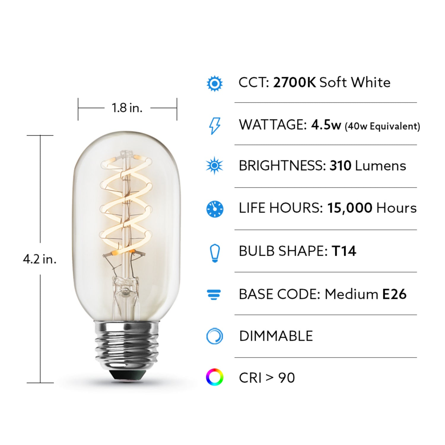 4.5W (40W Replacement) T14 E26 Dimmable Flexible Filament Clear Glass Vintage Edison LED Light Bulb, Soft White