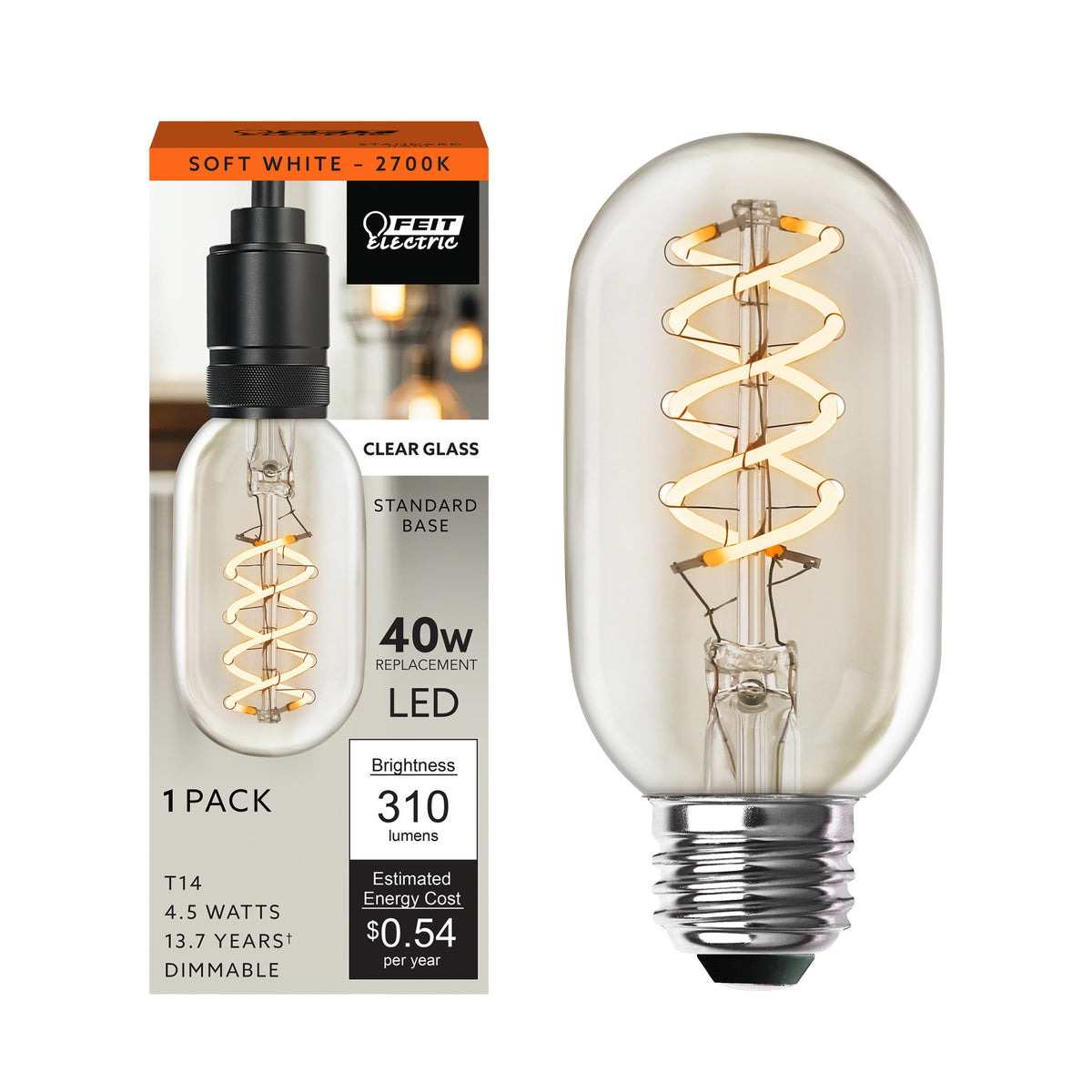 4.5W (40W Replacement) T14 E26 Dimmable Flexible Filament Clear Glass Vintage Edison LED Light Bulb, Soft White