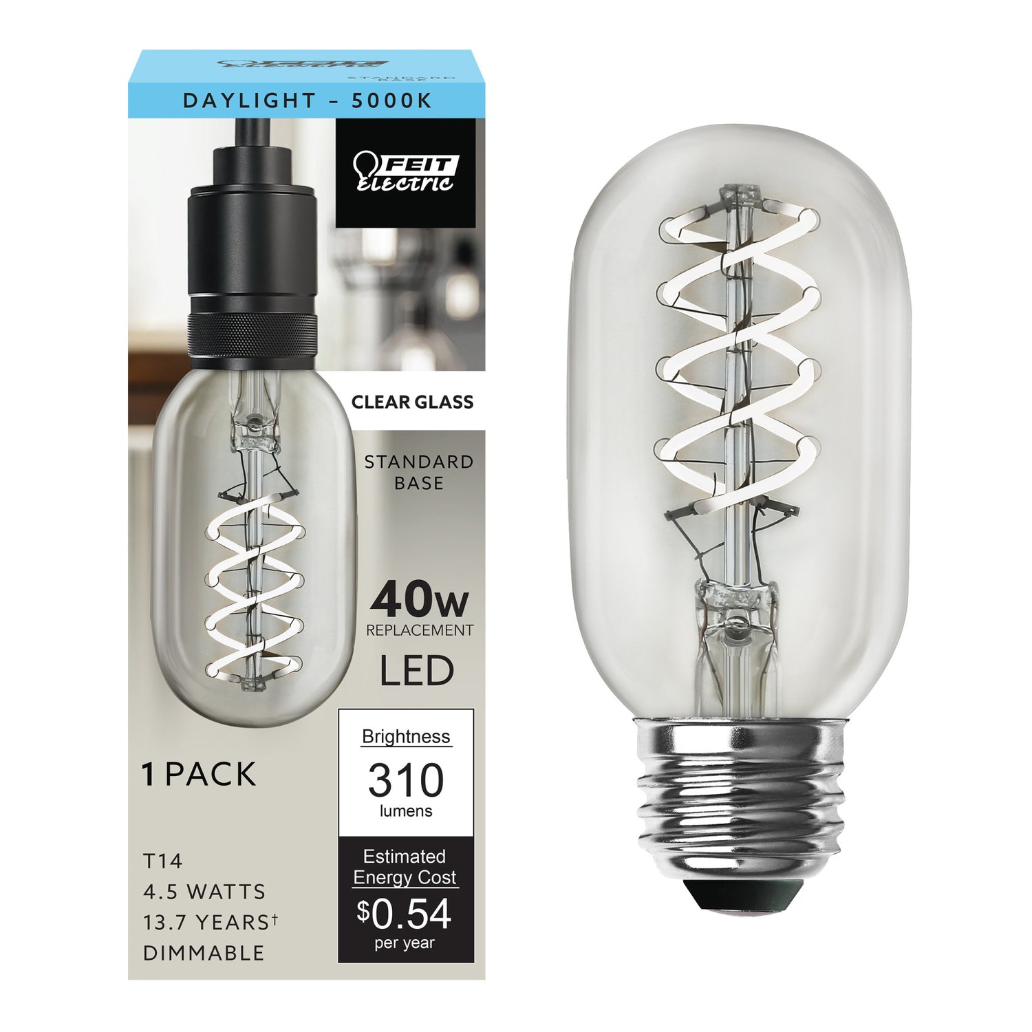4.5W (40W Replacement) T14 E26 Spiral Filament Clear Glass Vintage Edison LED Light Bulb, Daylight