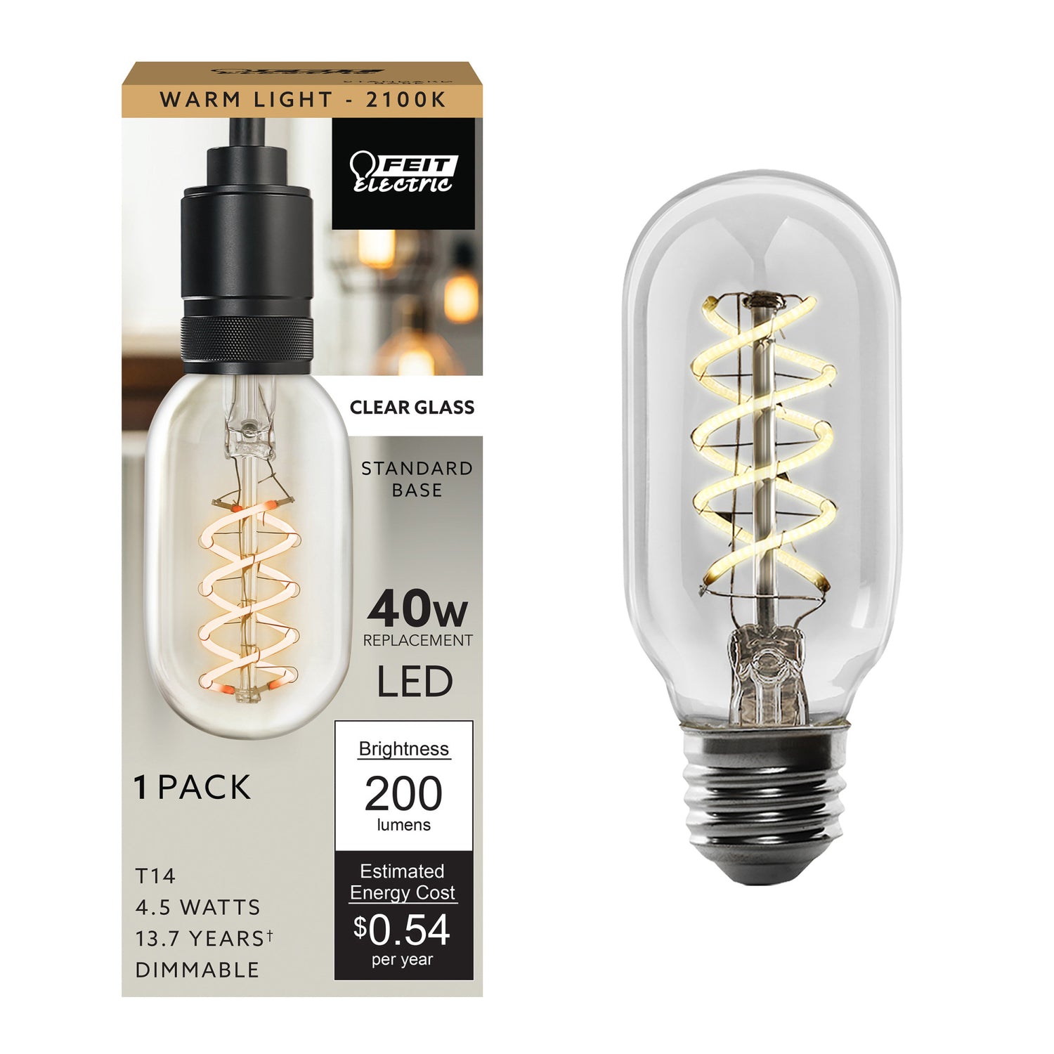 4.5W (40W Replacement) T14 E26 Dimmable Spiral Filament Clear Glass Vintage Edison LED Light Bulb, Warm Light