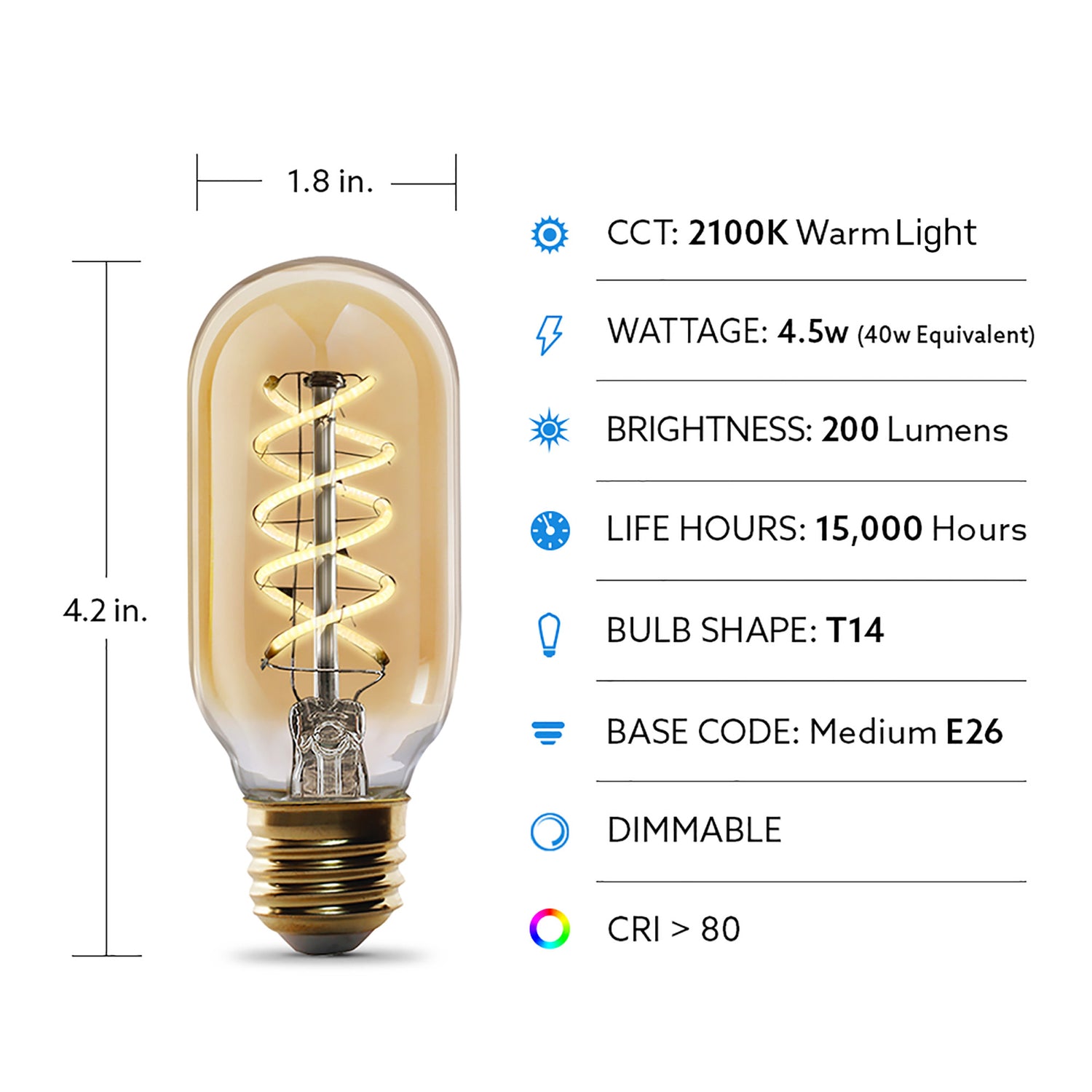 4.5W (40W Replacement) T14 E26 Dimmable Spiral Filament Amber Glass Vintage Edison LED Light Bulb, Warm Light