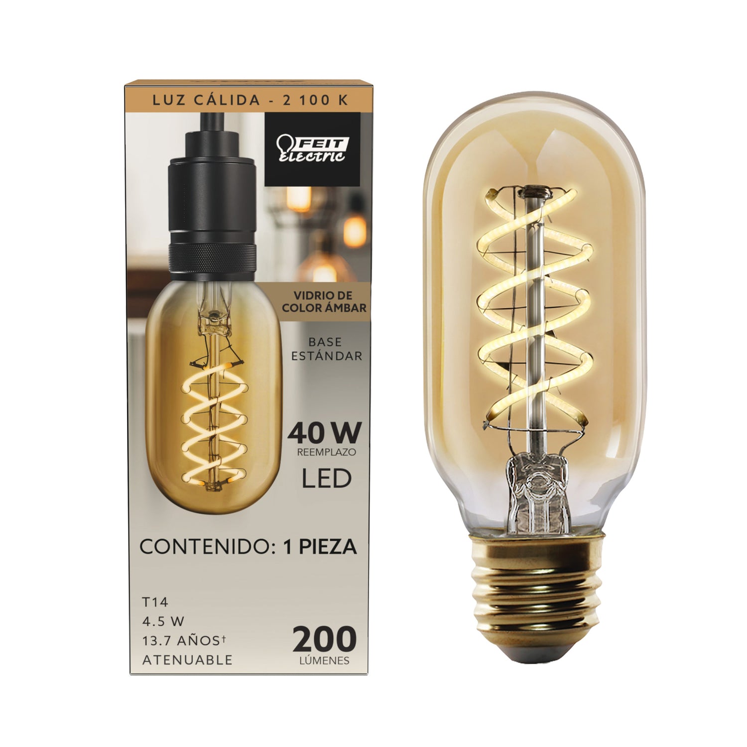 4.5W (40W Replacement) T14 E26 Dimmable Spiral Filament Amber Glass Vintage Edison LED Light Bulb, Warm Light