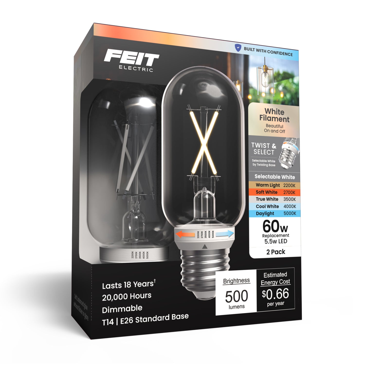 5.5W (60W Replacement) Twist & Select T14 E26 Dimmable White Filament LED Bulb (2-Pack)