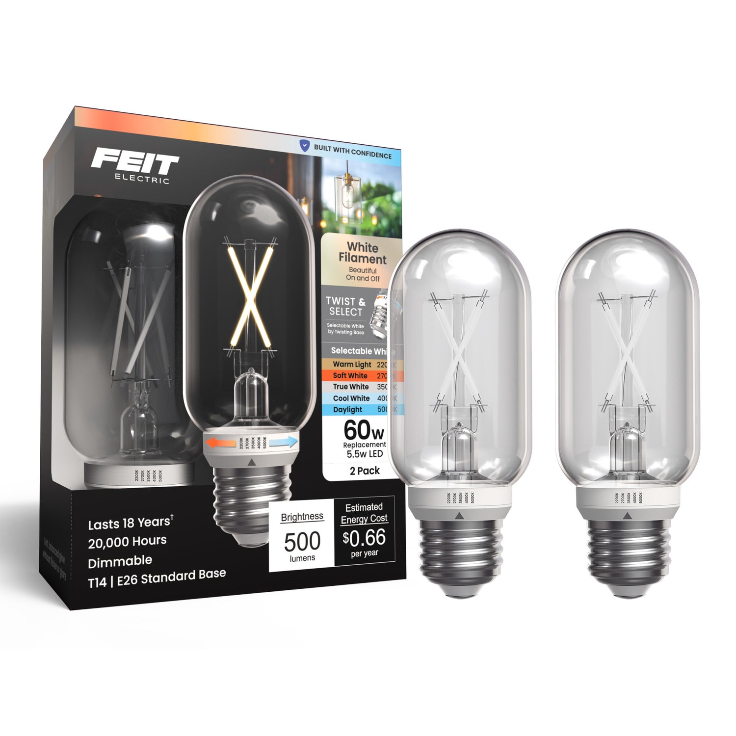 5.5W (60W Replacement) Twist & Select T14 E26 Dimmable White Filament LED Bulb (2-Pack)