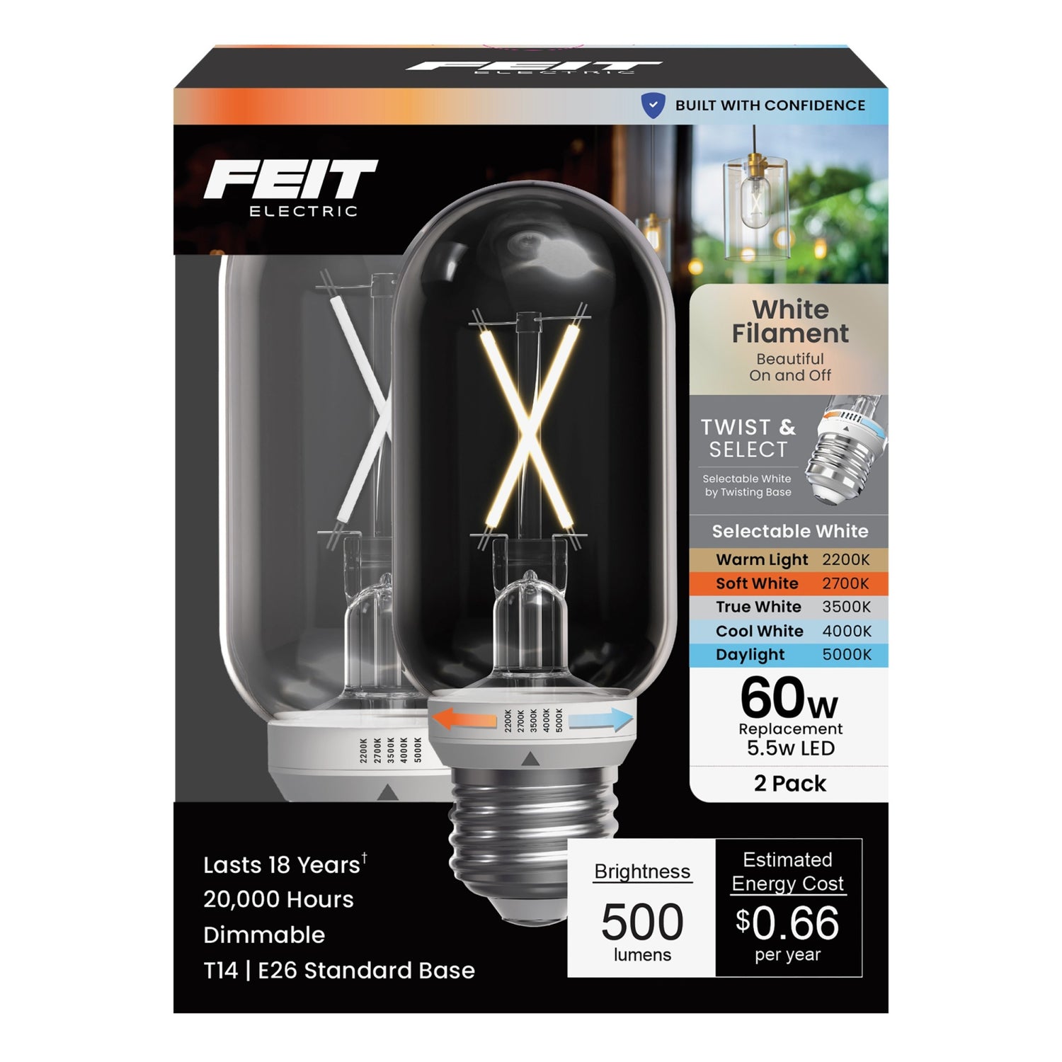5.5W (60W Replacement) Twist & Select T14 E26 Dimmable White Filament LED Bulb (2-Pack)
