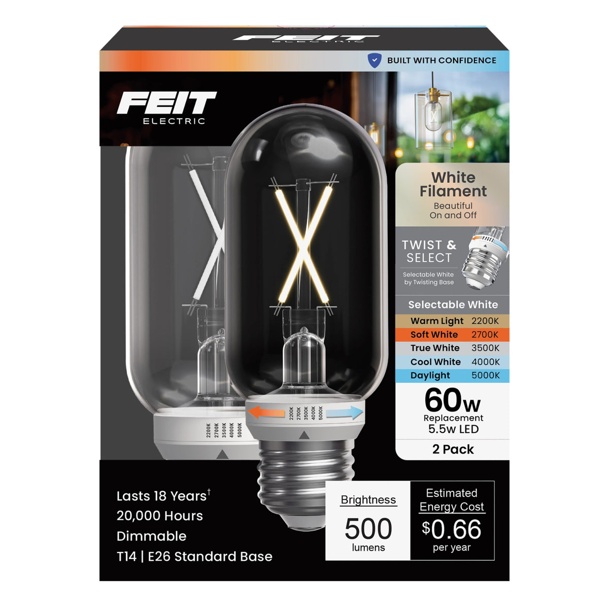 5.5W (60W Replacement) Twist & Select T14 E26 Dimmable White Filament LED Bulb (2-Pack)