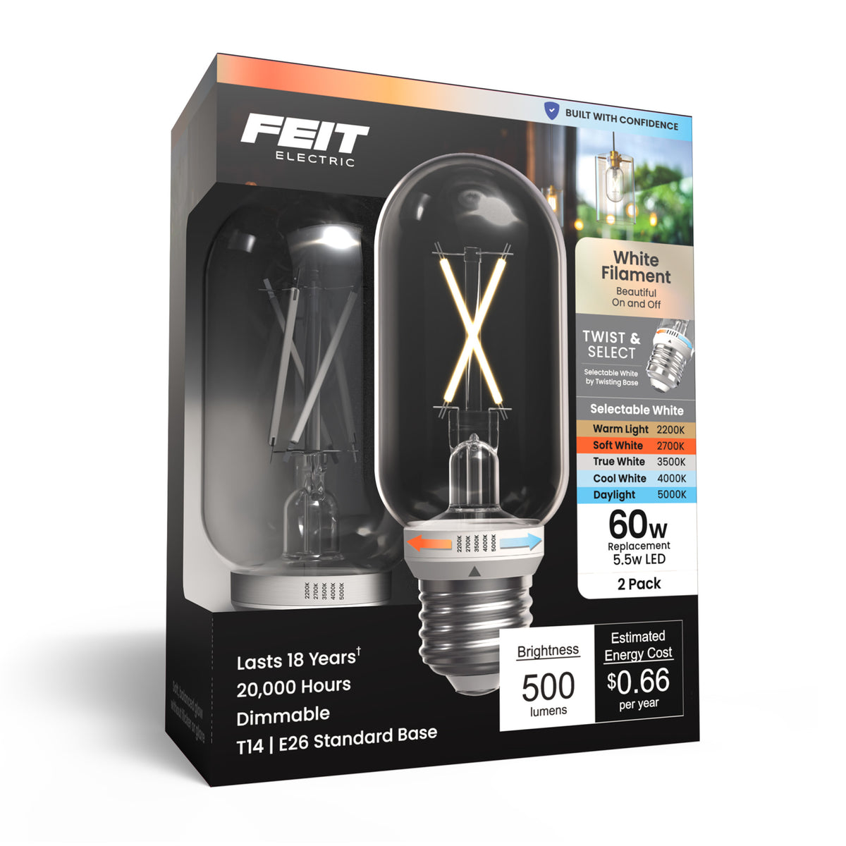 5.5W (60W Replacement) Twist & Select T14 E26 Dimmable White Filament LED Bulb (2-Pack)