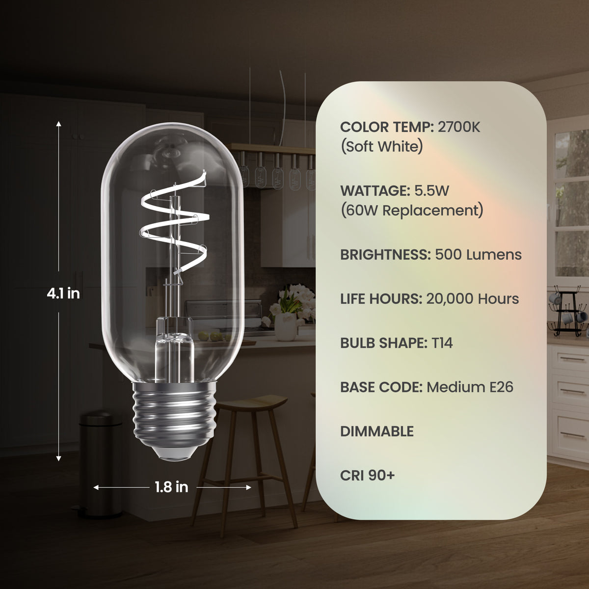 5.5W (60W Replacement) T14 E26 Dimmable Designer Spiral White Filament LED Bulb, Soft White (2-Pack)